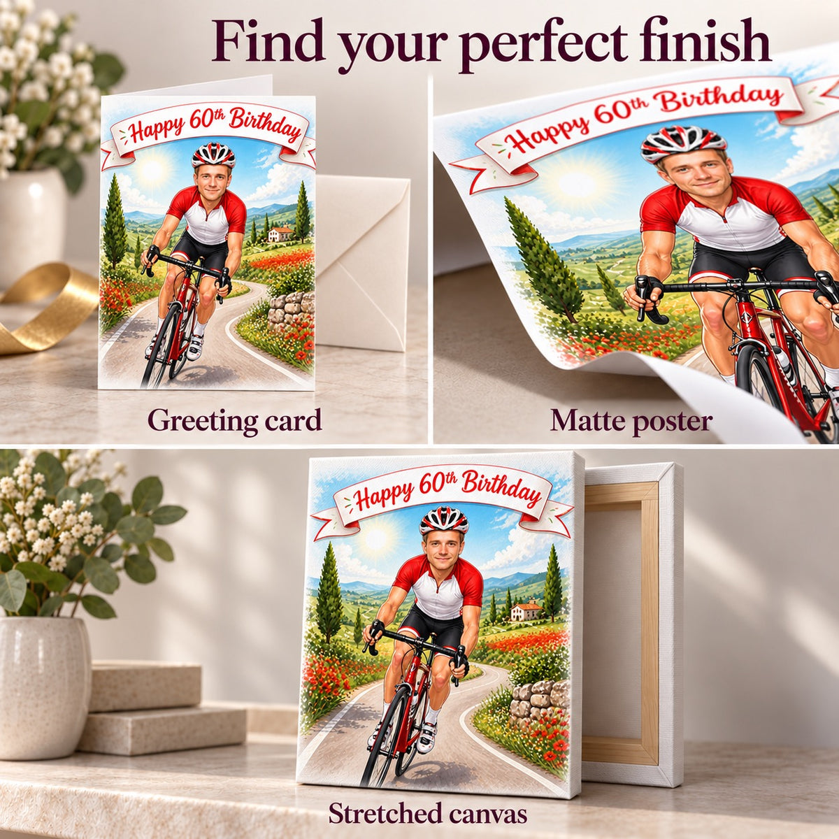 Greeting card, matte poster, and ready-to-hang canvas finishes for cycling caricature.
