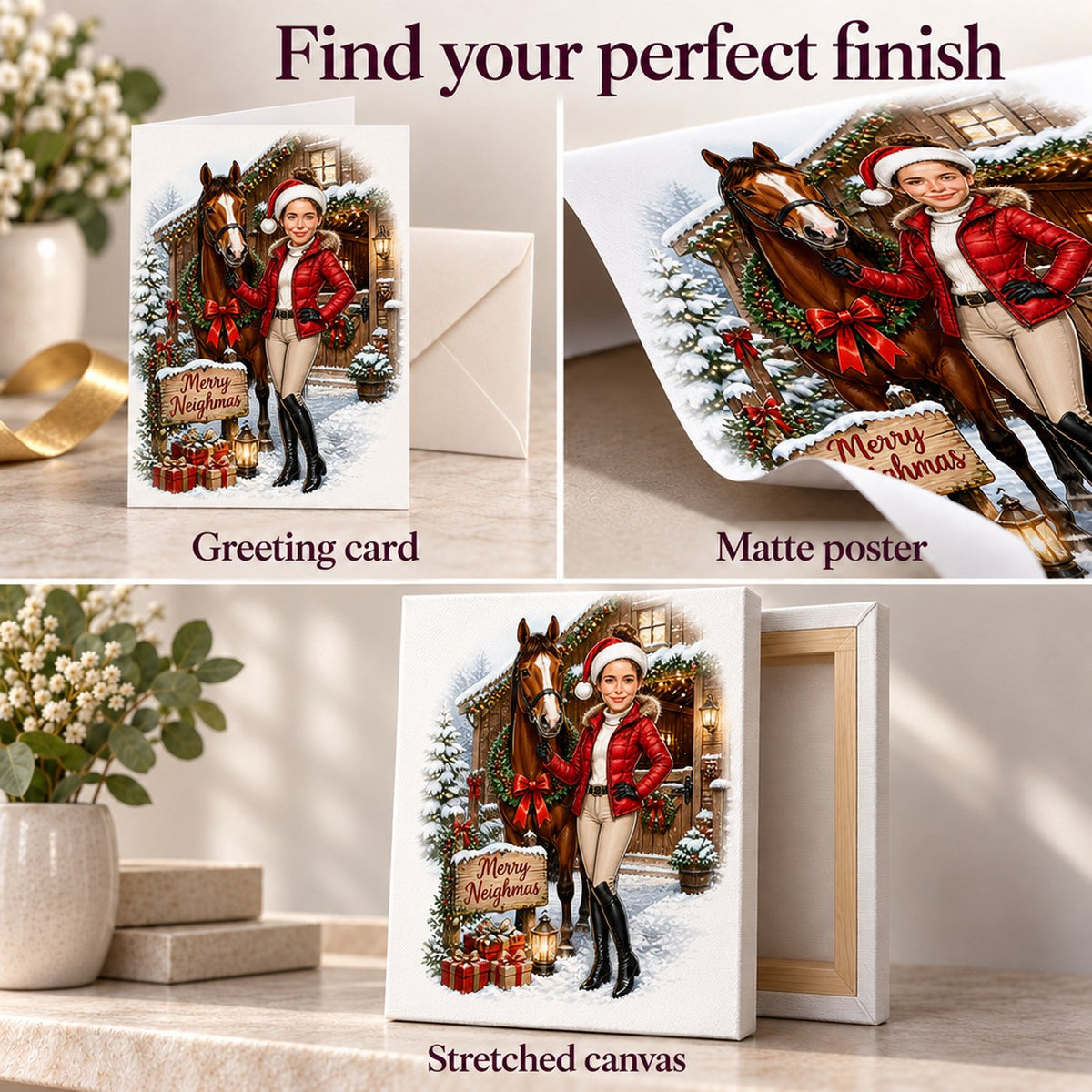 Closeups of matte poster, stretched canvas, and 5x7 greeting card surface and edges.