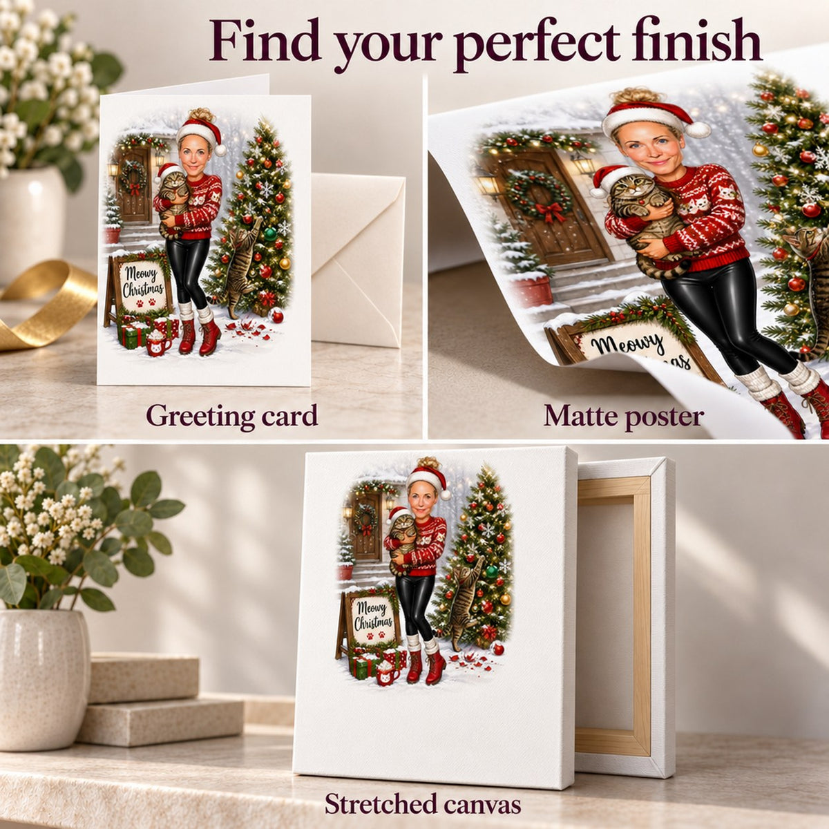 Details of greeting card, matte poster, and stretched canvas finishes with cat artwork