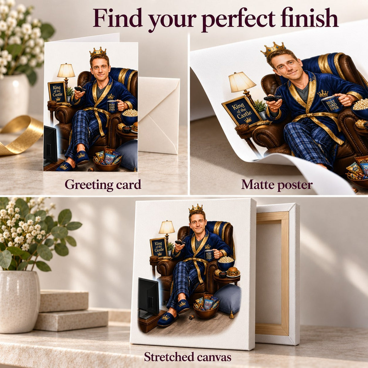 Greeting card, matte poster, and stretched canvas finish options for this personalized caricature.