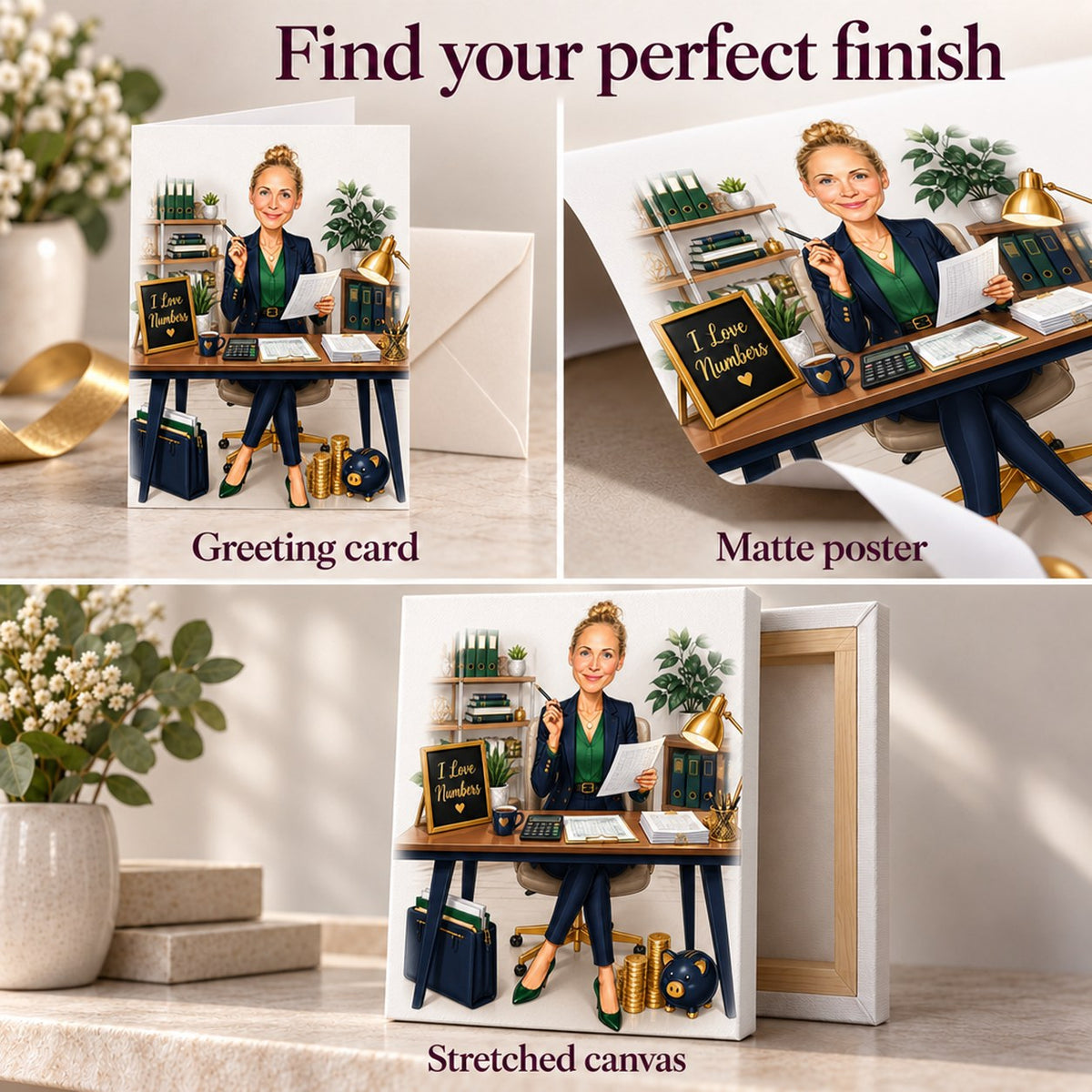 Greeting card, matte poster prints, and stretched canvas closeups showing textures and edges.