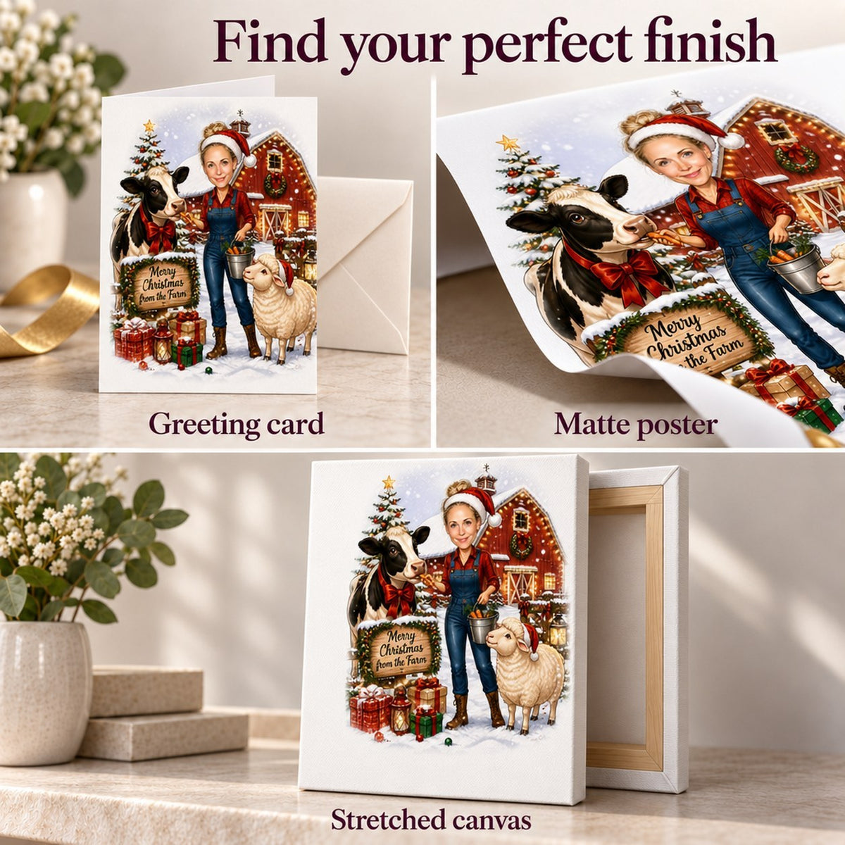 Matte poster, 5x7 greeting card with envelope, and ready-to-hang stretched canvas finishes.