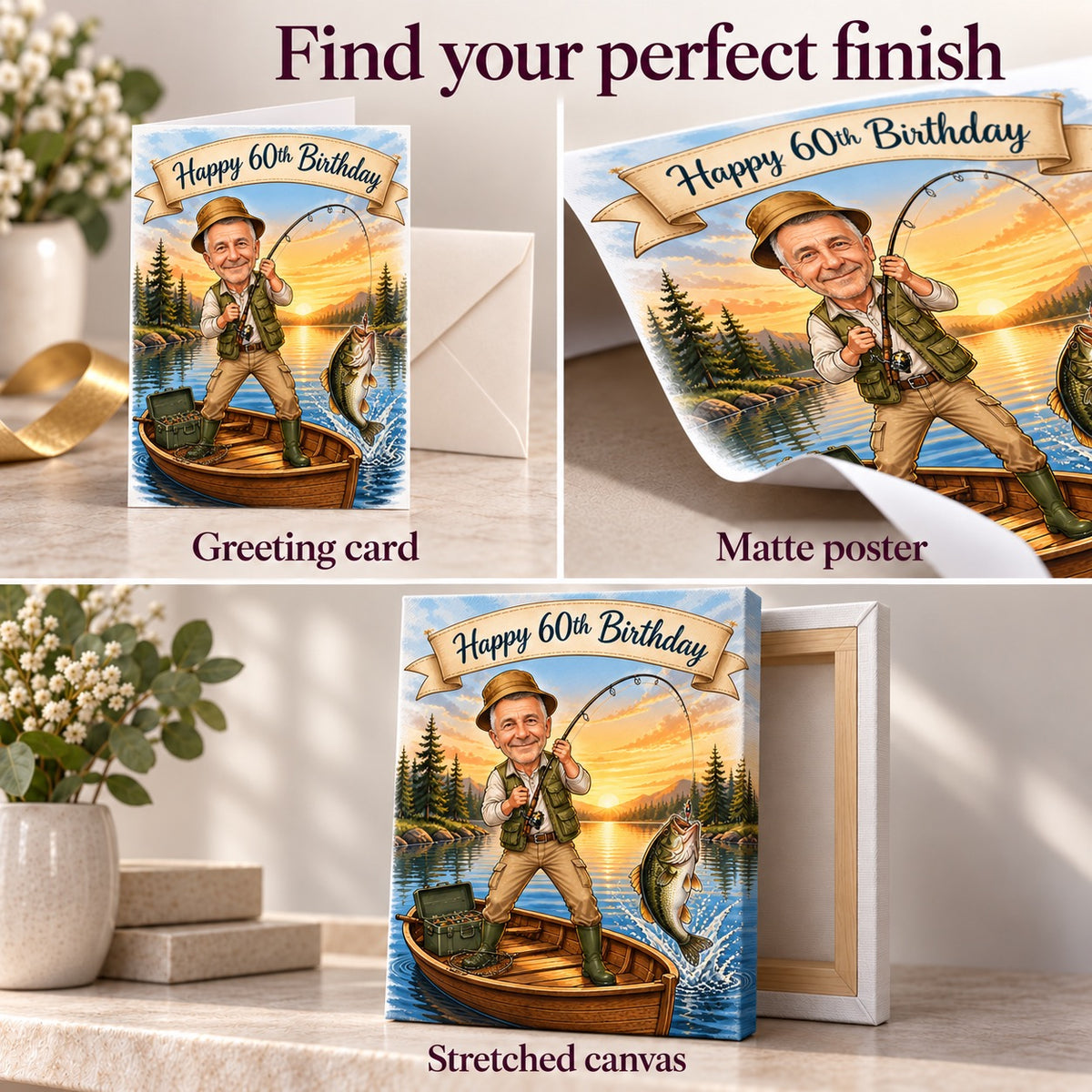 Matte poster, greeting card with envelope, and stretched canvas ready to hang.