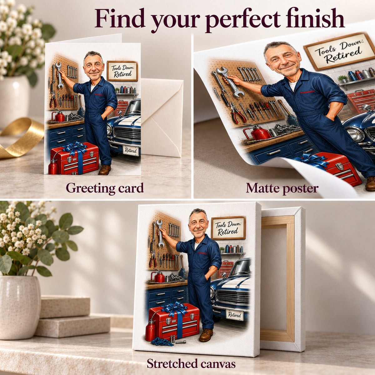 Greeting card, matte poster, and stretched canvas finishes with vibrant color and detail.