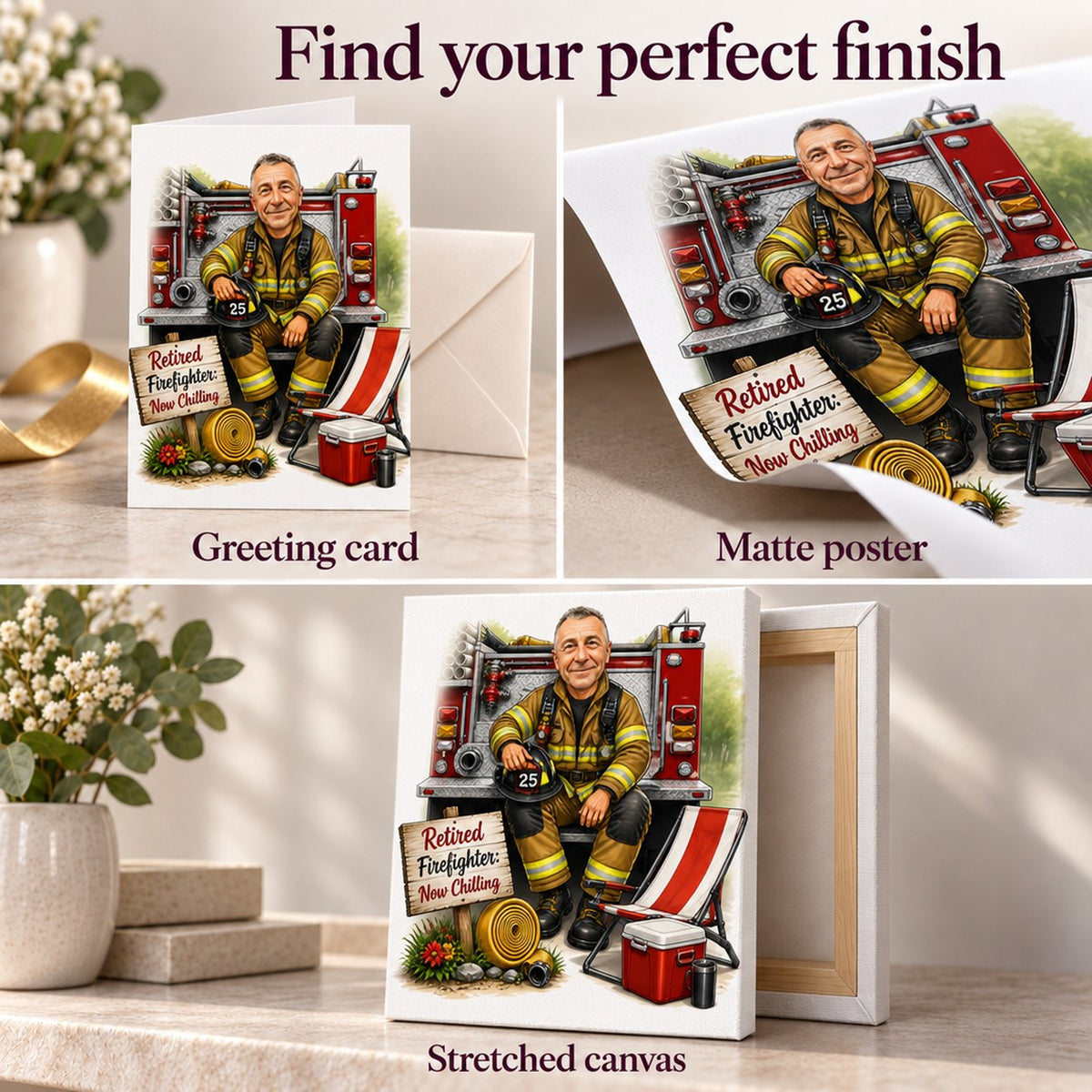 Close-up of matte poster, greeting card with envelope, and stretched canvas edges.