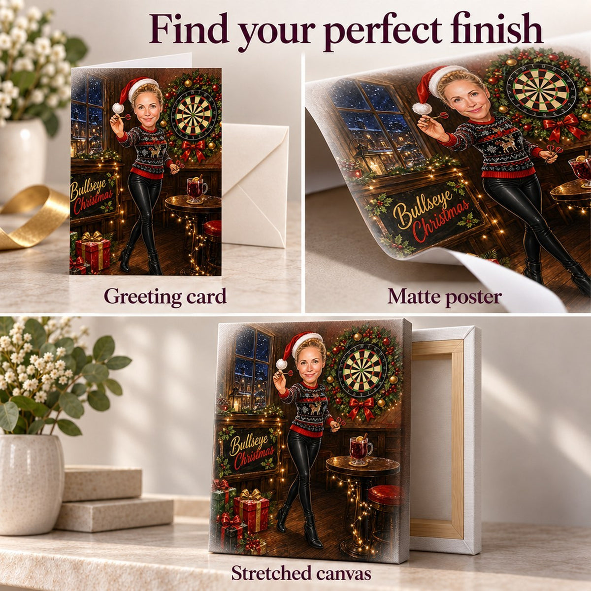 Close-up of card, matte poster, and stretched canvas showing detailed festive darts illustration.