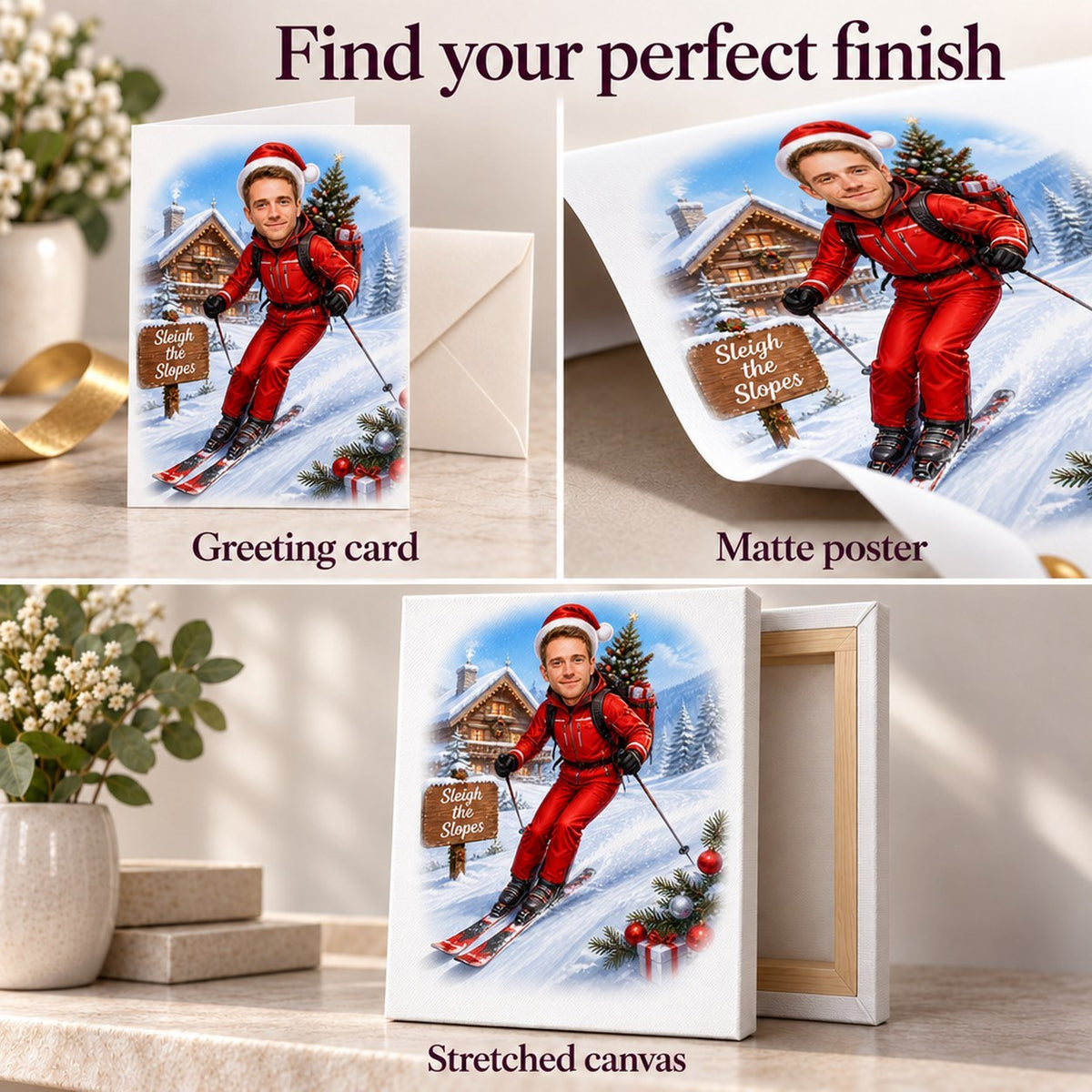 Choose greeting card, matte poster, or stretched canvas, plus optional digital file.