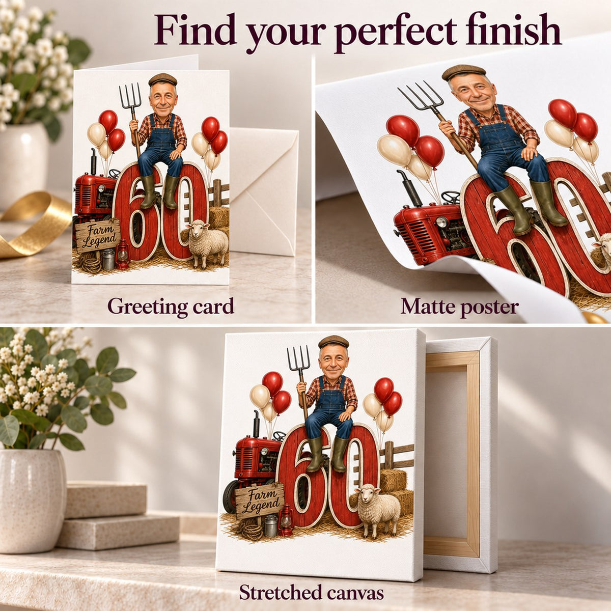 greeting card, matte poster, and stretched canvas print finish details
