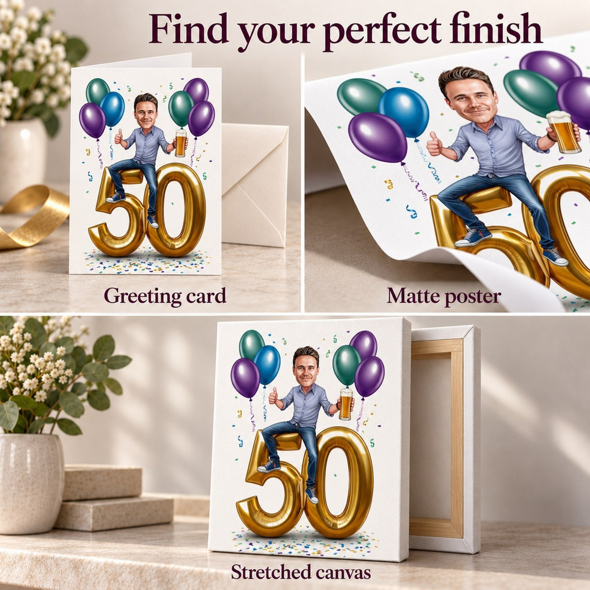 Greeting card with envelope, matte poster surface, and textured ready-to-hang stretched canvas