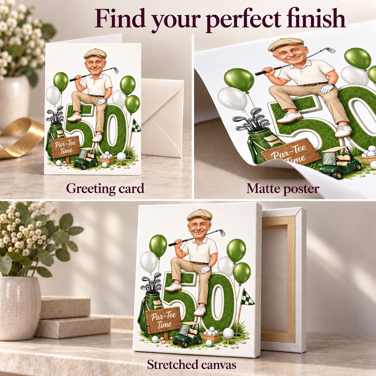 Greeting card, matte poster, and stretched canvas finish options side by side
