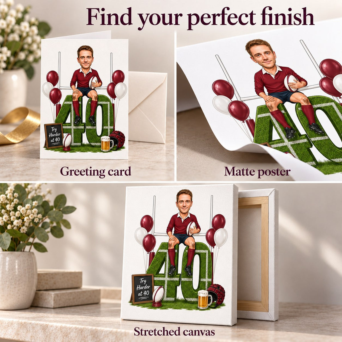 Greeting card, matte poster, and stretched canvas finish options for rugby birthday caricature.