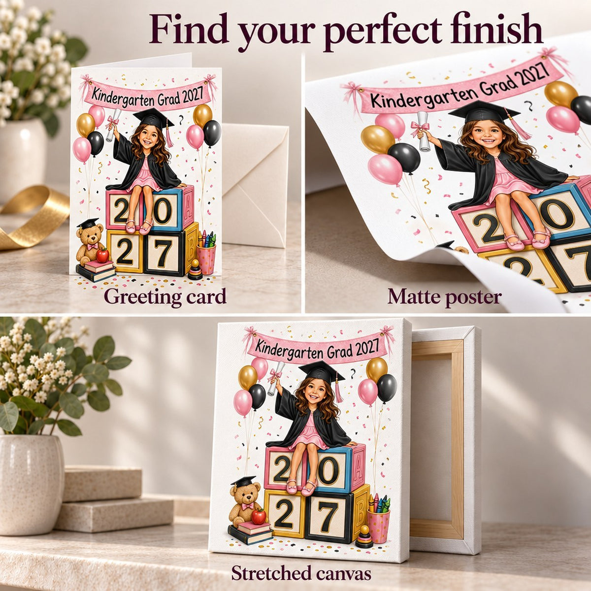Card, matte poster (unframed), and stretched canvas finishes with vivid print detail.