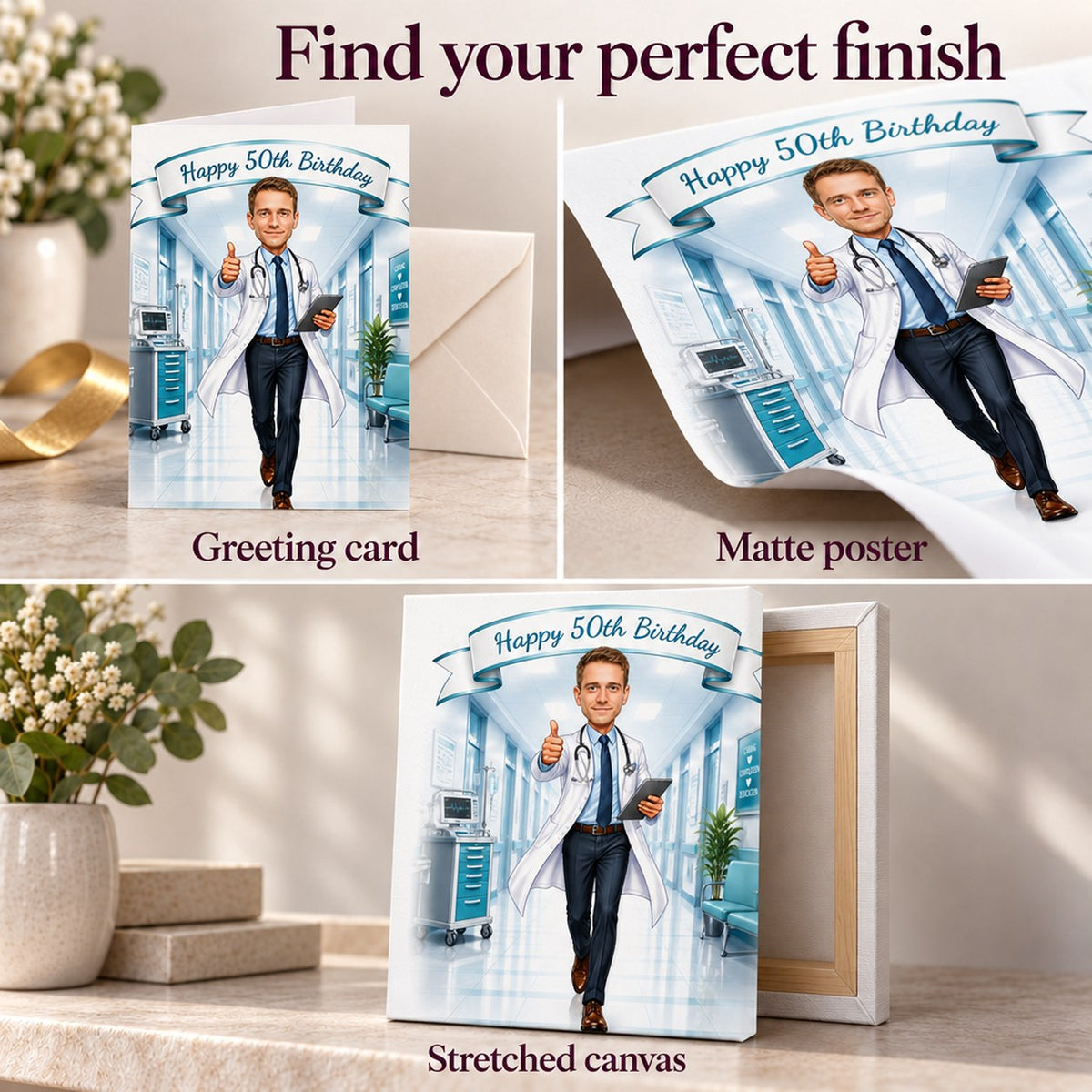 Close-up of matte poster, folded greeting card, and gallery-wrapped canvas texture and edges