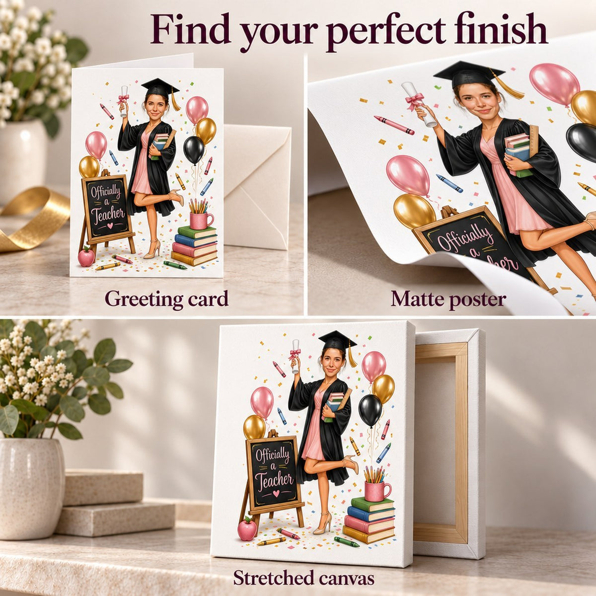 Closeups of greeting card, matte poster, and stretched canvas finishes for the teacher caricature.