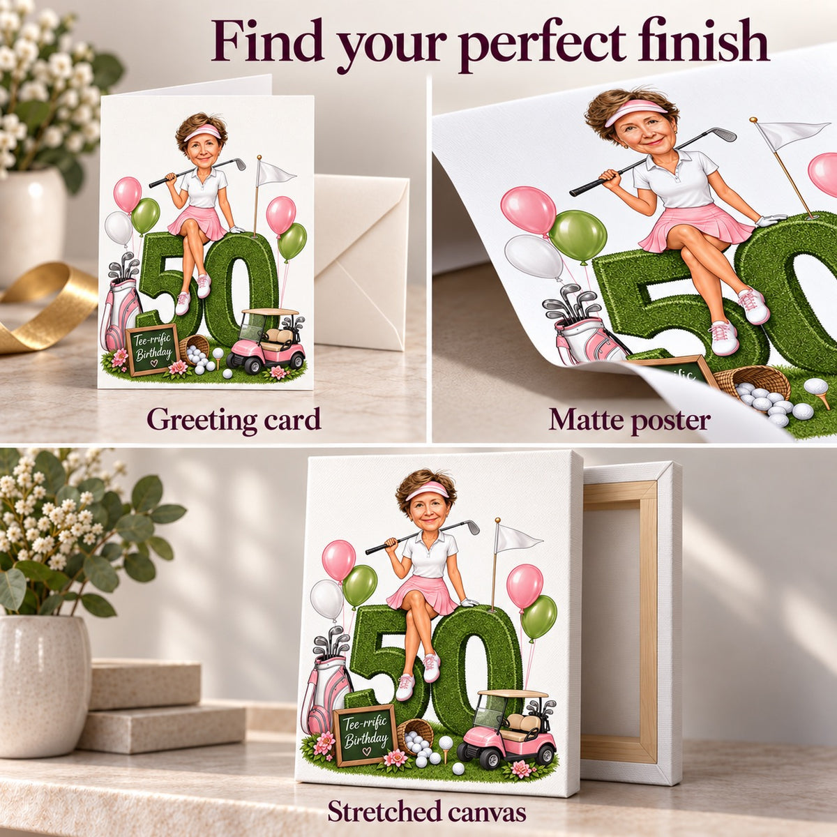 Greeting card, matte poster, and stretched canvas finishes featuring the golf birthday caricature design.