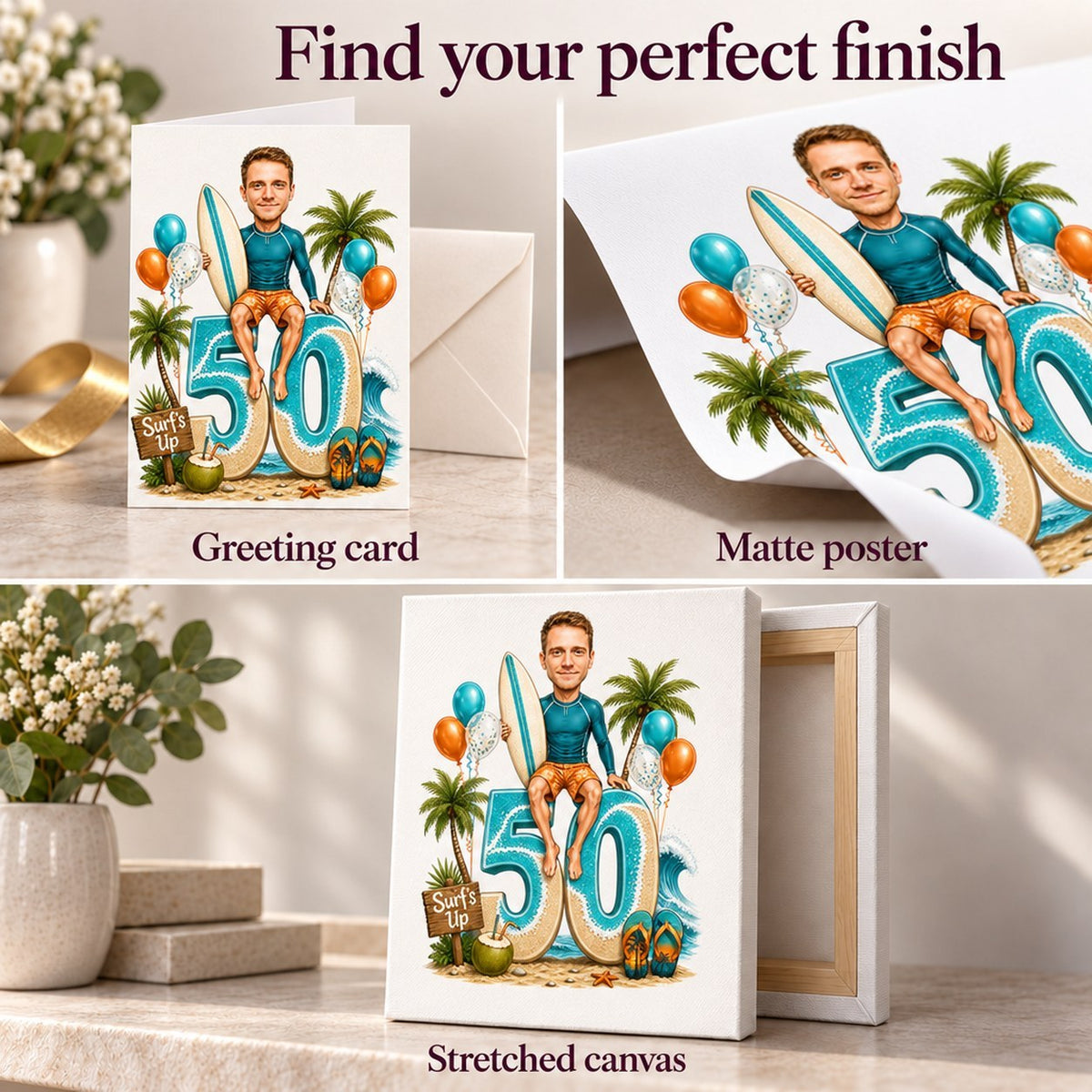 Matte poster, stretched canvas, and 5x7 greeting card finishes for surfer caricature.