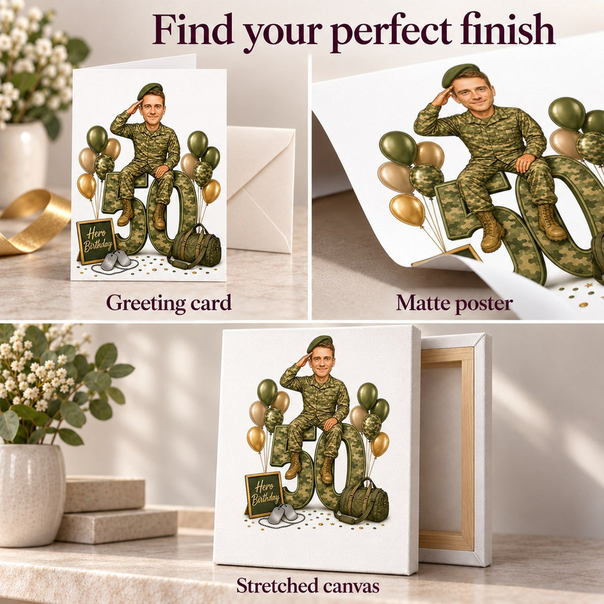 Greeting card, matte poster, and stretched canvas finish options displayed together.