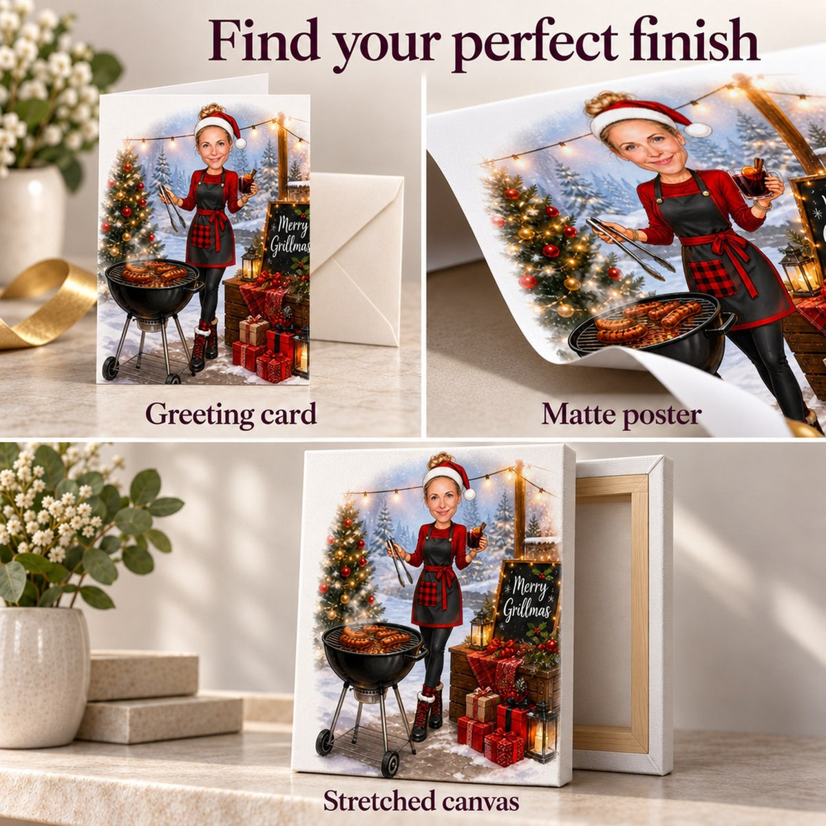 Closeup of matte poster, greeting card with envelope, and stretched canvas finishes.