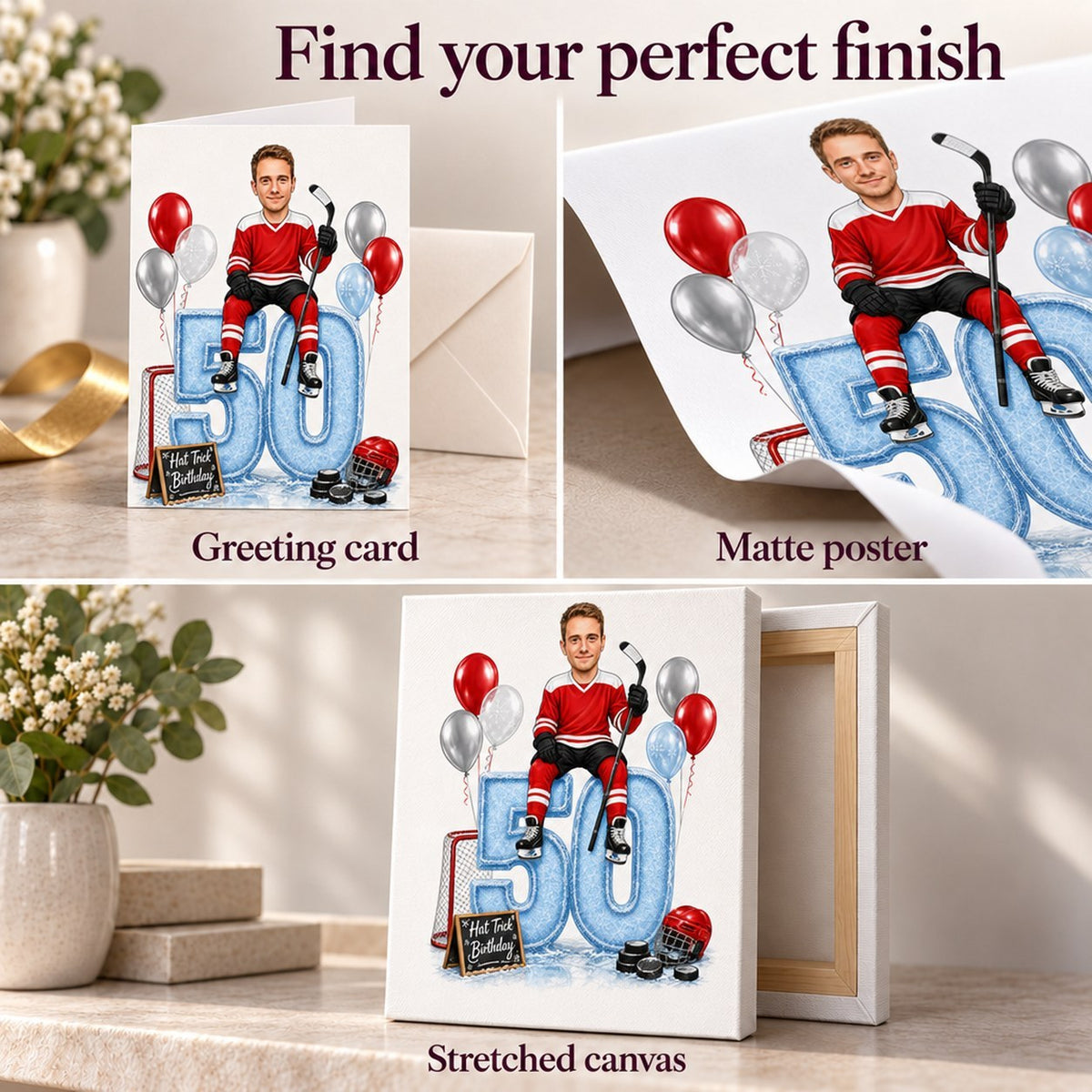 Matte poster, greeting card with envelope, and stretched canvas ready to hang.