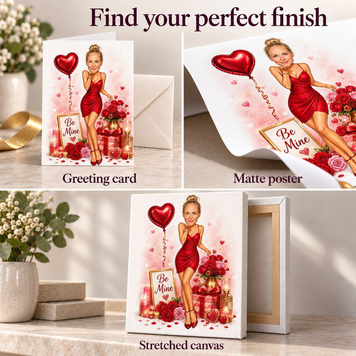 Greeting card with envelope, matte poster unframed, stretched canvas ready to hang.