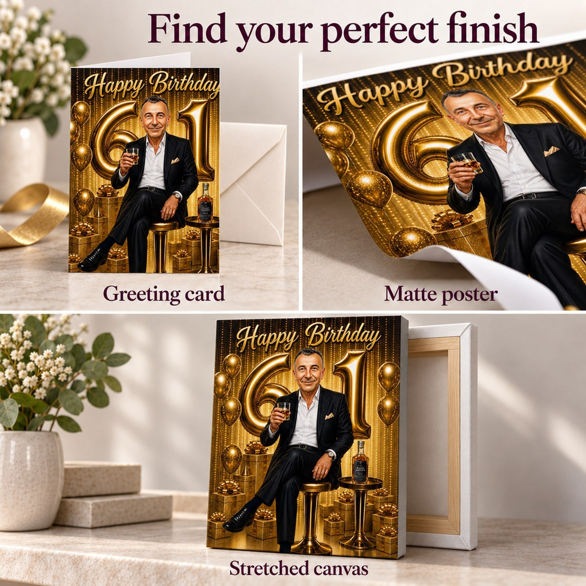 Details of matte poster, stretched canvas texture, and folded greeting card with envelope.