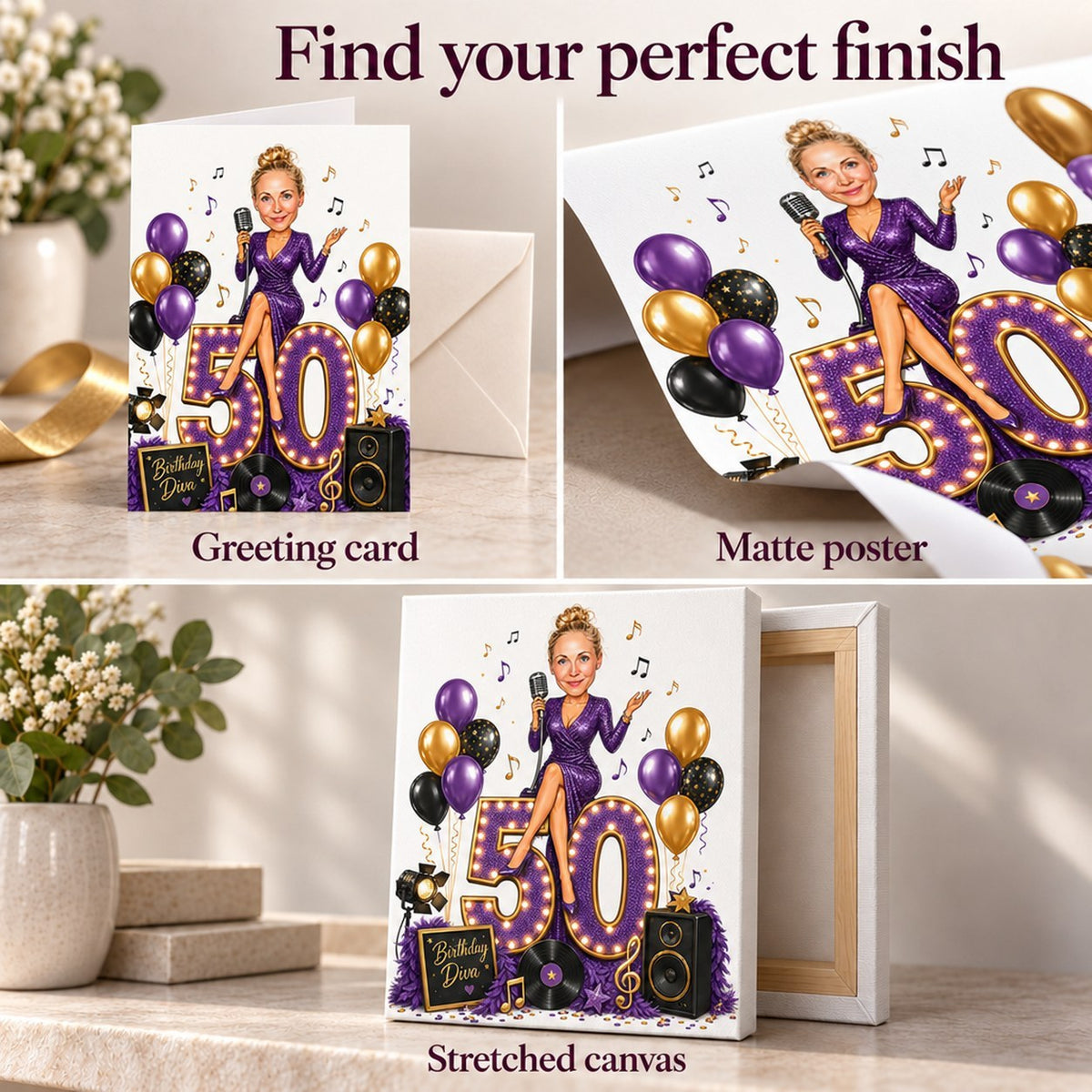 Greeting card, matte poster, and stretched canvas finishes shown close-up.