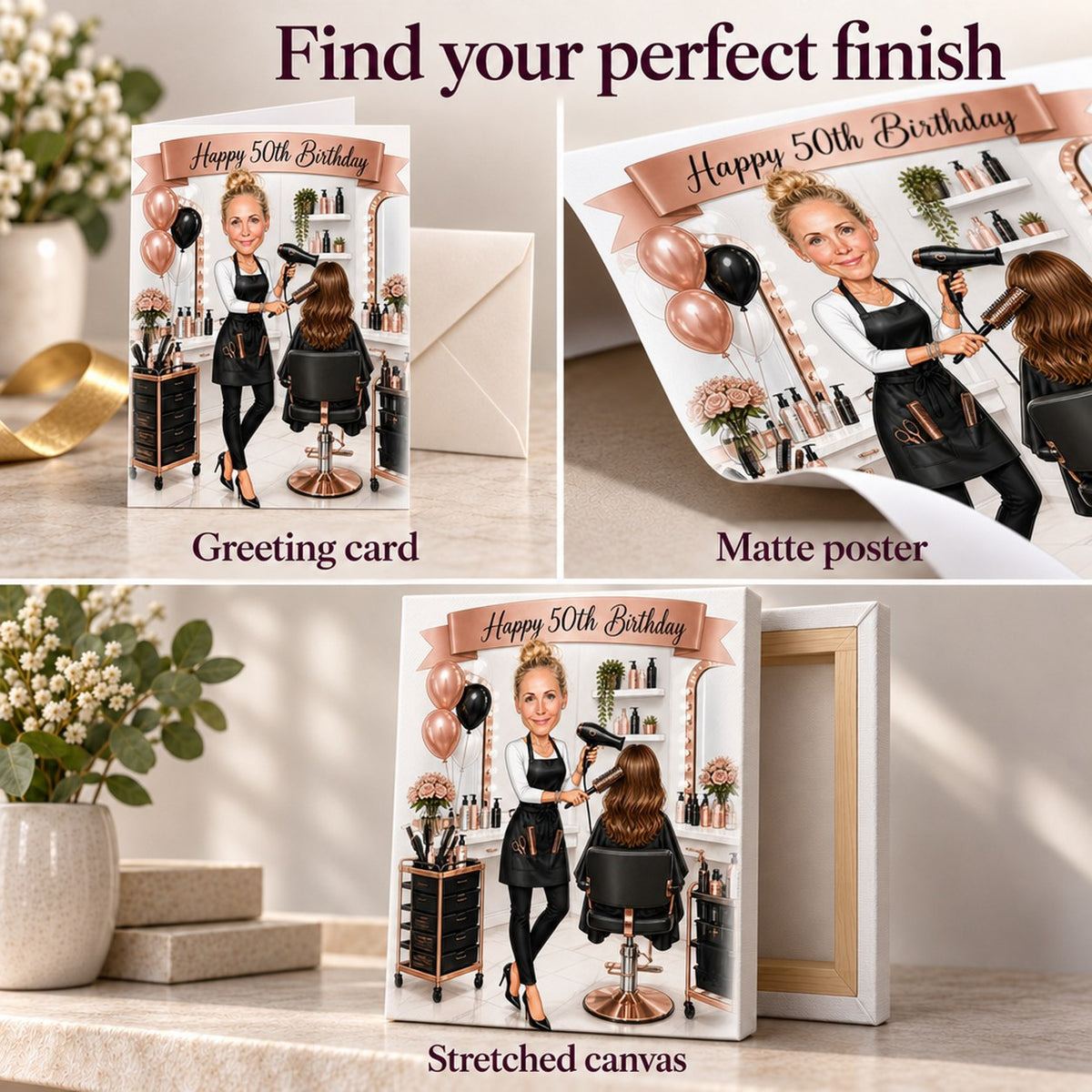 Card, matte poster, and stretched canvas options shown with details