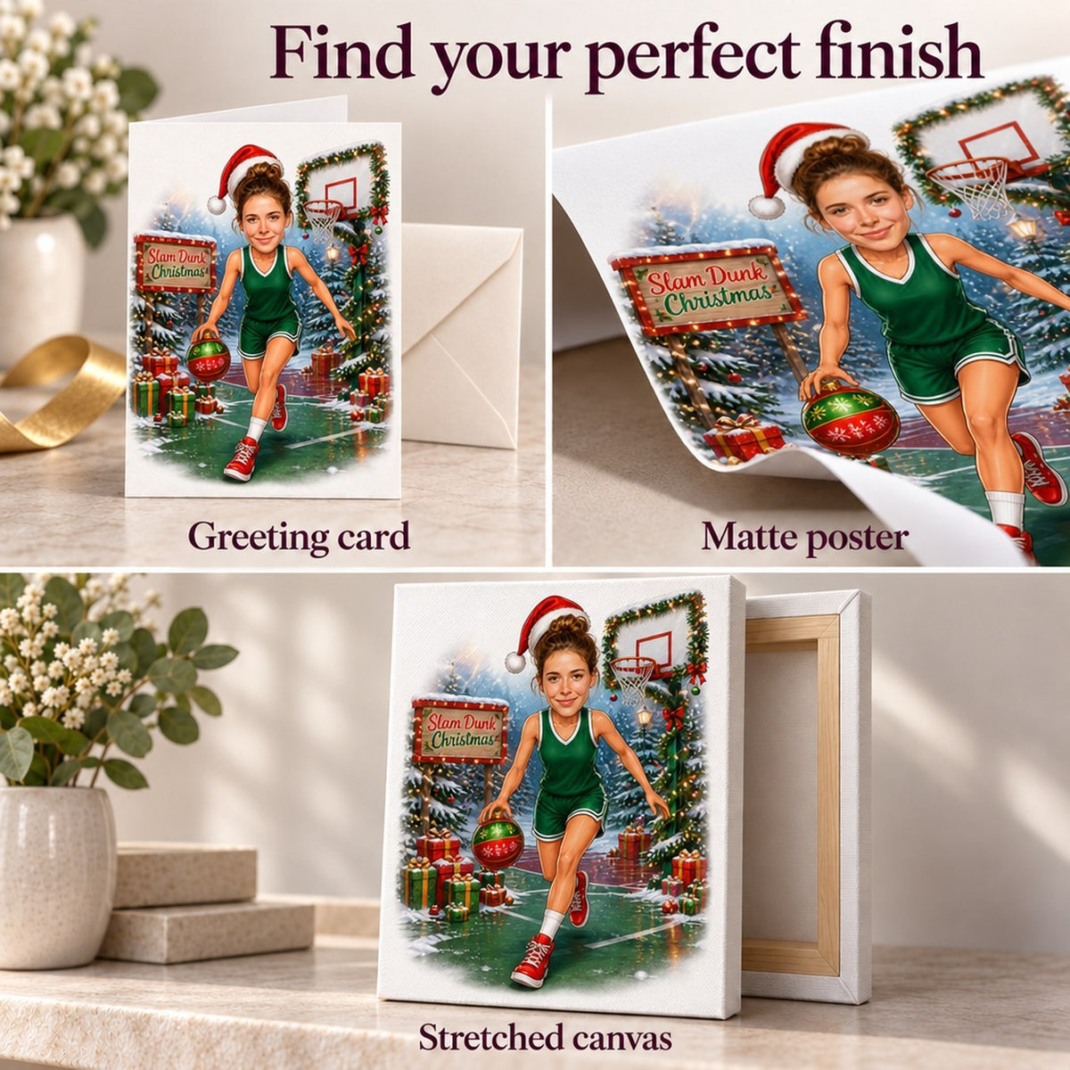 Greeting card, matte poster, and stretched canvas finish options shown together.