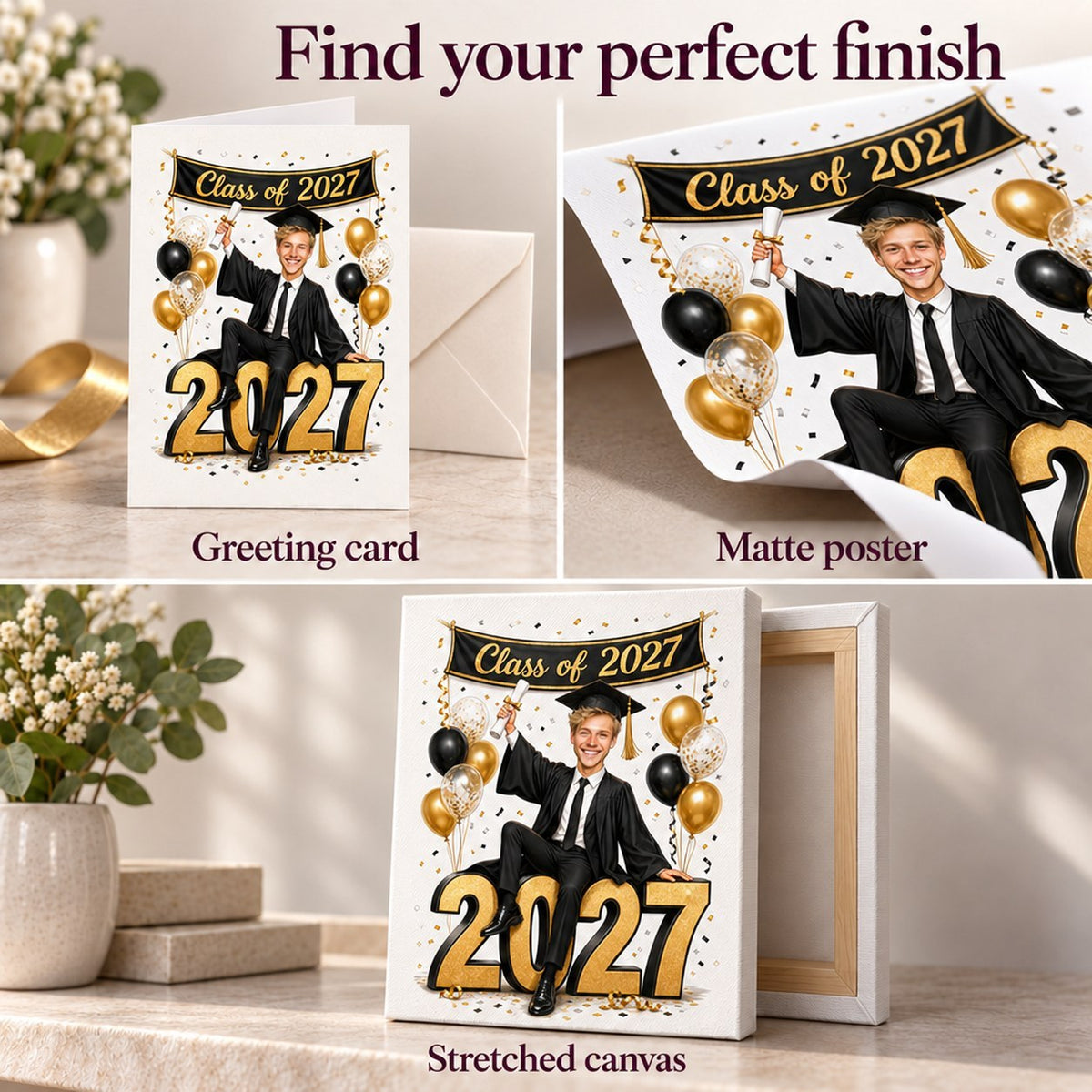Choice of greeting card, matte poster, or stretched canvas finish.