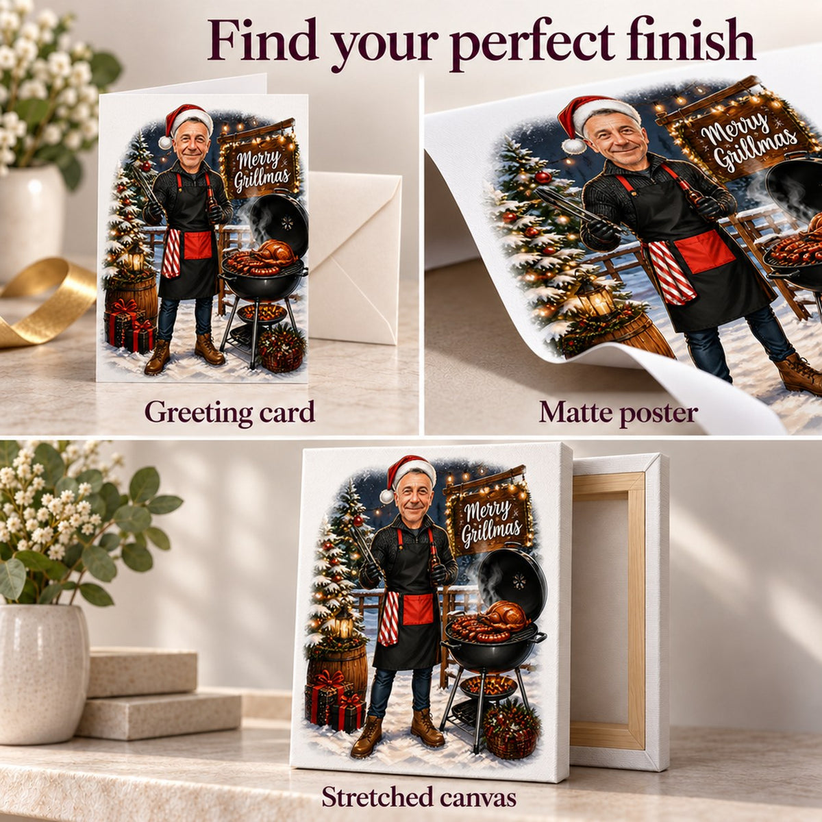 Matte poster, stretched canvas, and folded card finishes for personalized Christmas BBQ caricature.