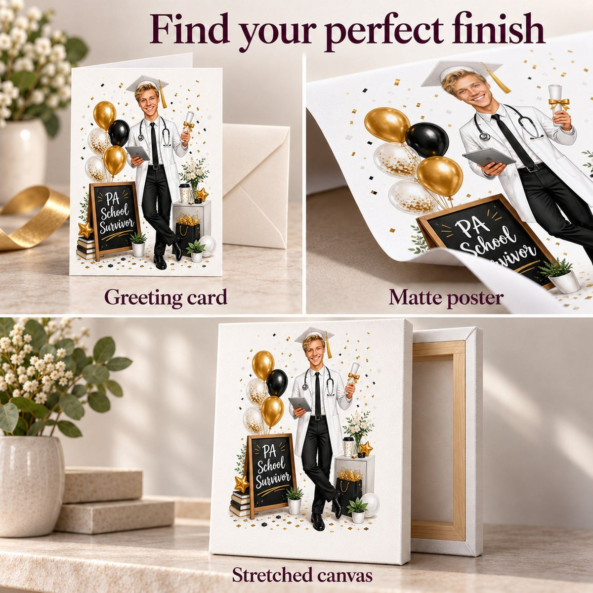 Matte poster, 5x7 greeting card with envelope, and ready-to-hang canvas.