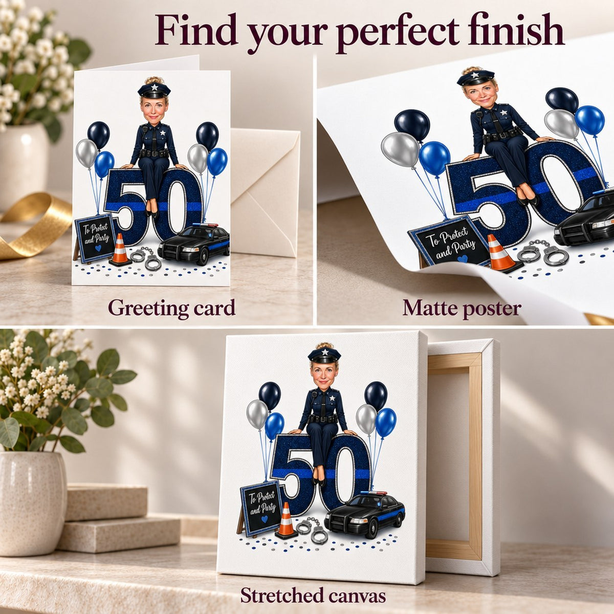 Closeups of greeting card, matte poster, and stretched canvas textures and edges.