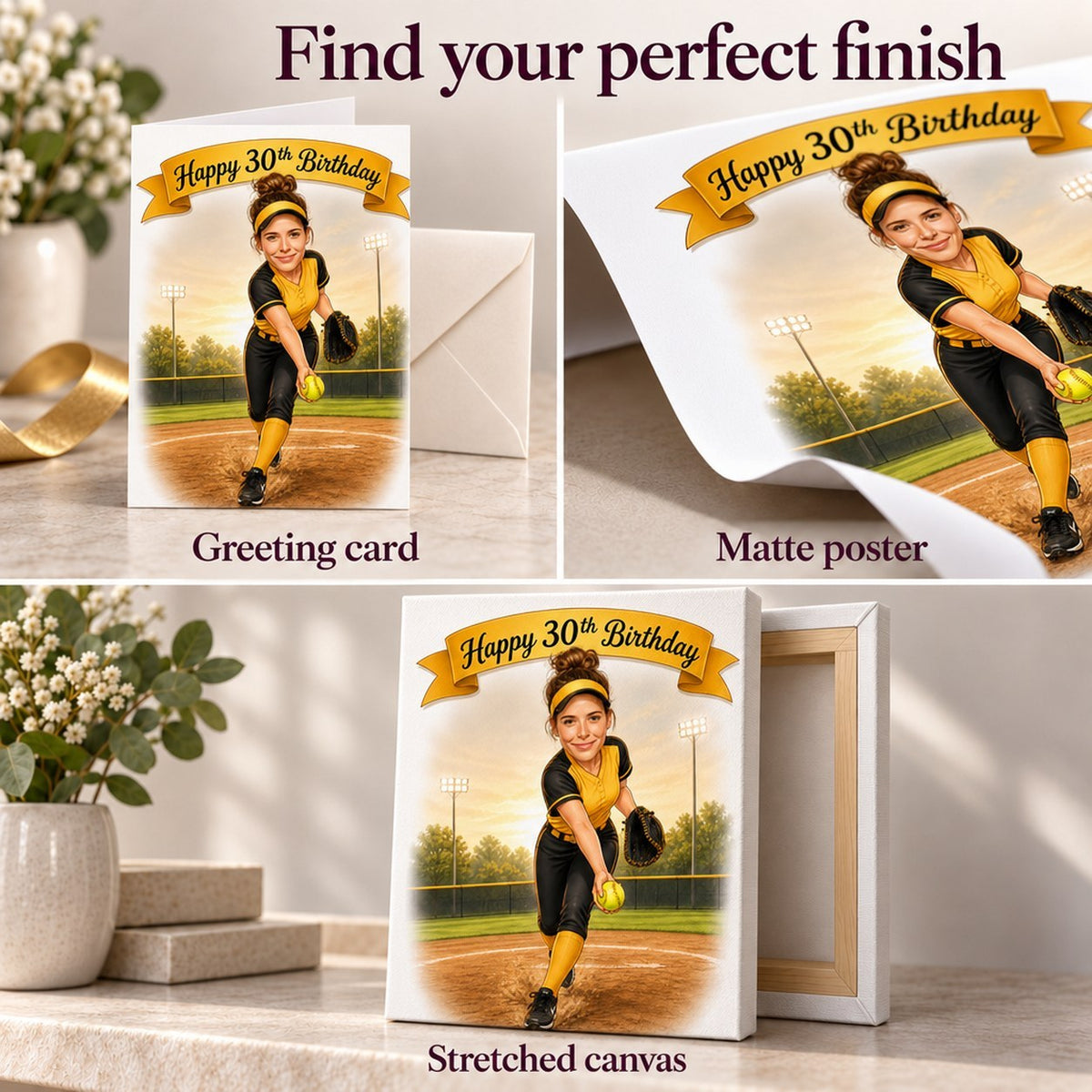 Detail of matte poster print, 5x7 greeting card with envelope, and stretched canvas texture.