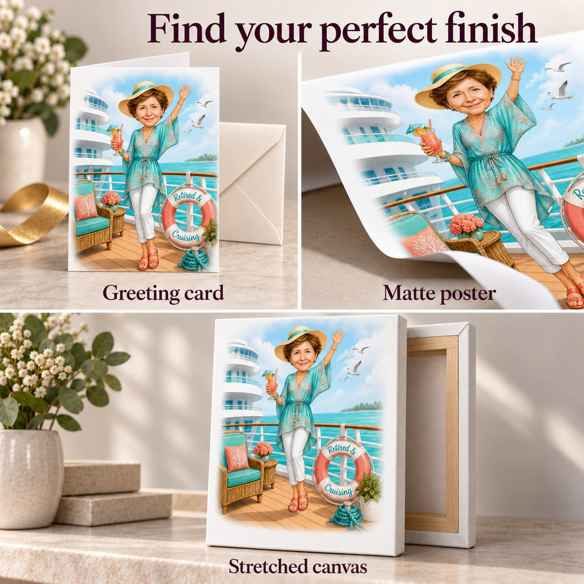 Matte poster, 5x7 card with envelope, and stretched canvas ready to hang, vibrant colors.