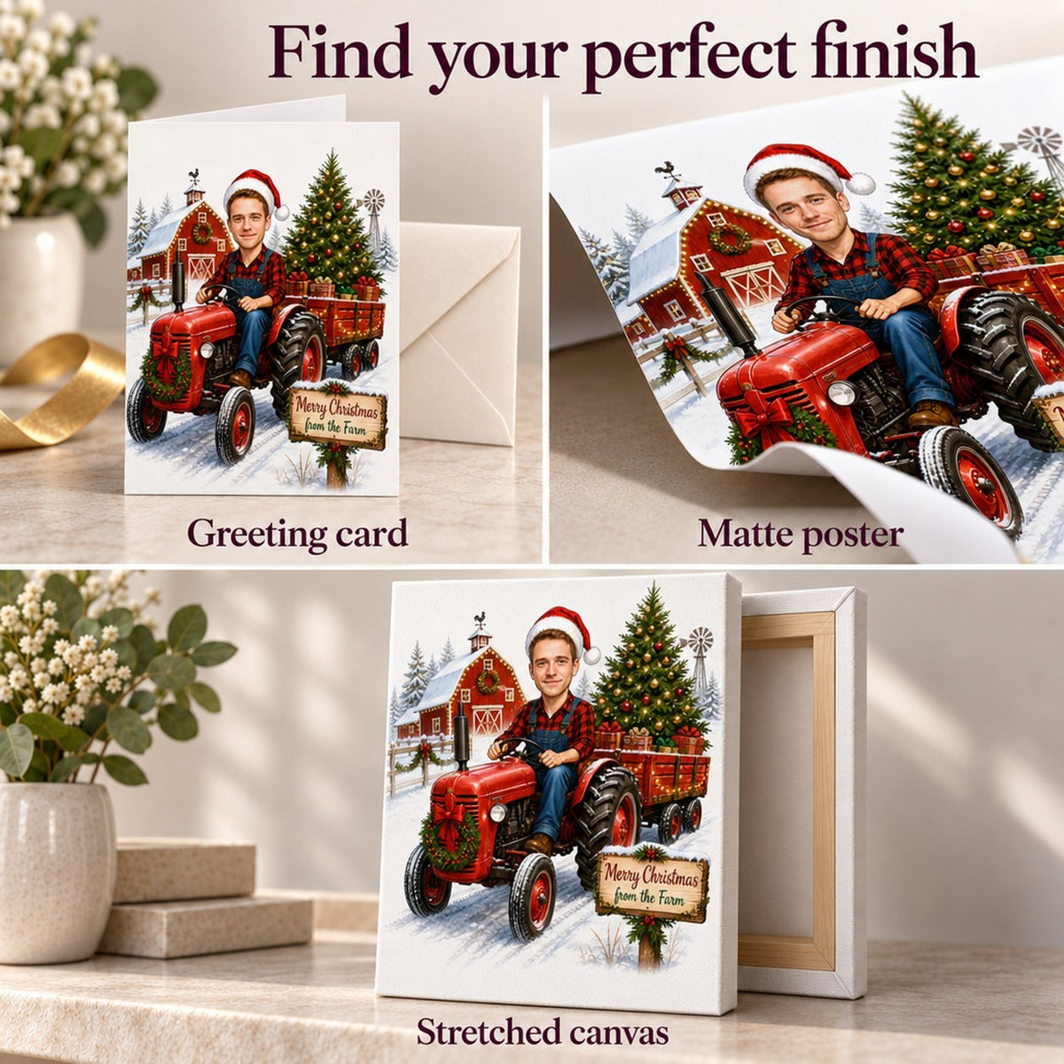Closeups showing matte poster, stretched canvas, and 5x7 greeting card print finishes.