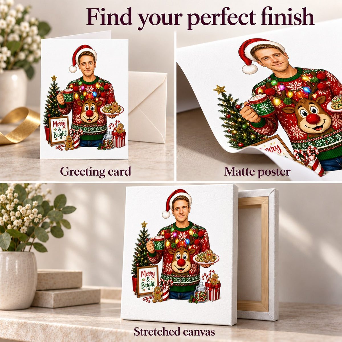 Matte poster texture, stretched canvas depth, and folded 5x7 greeting card finish.