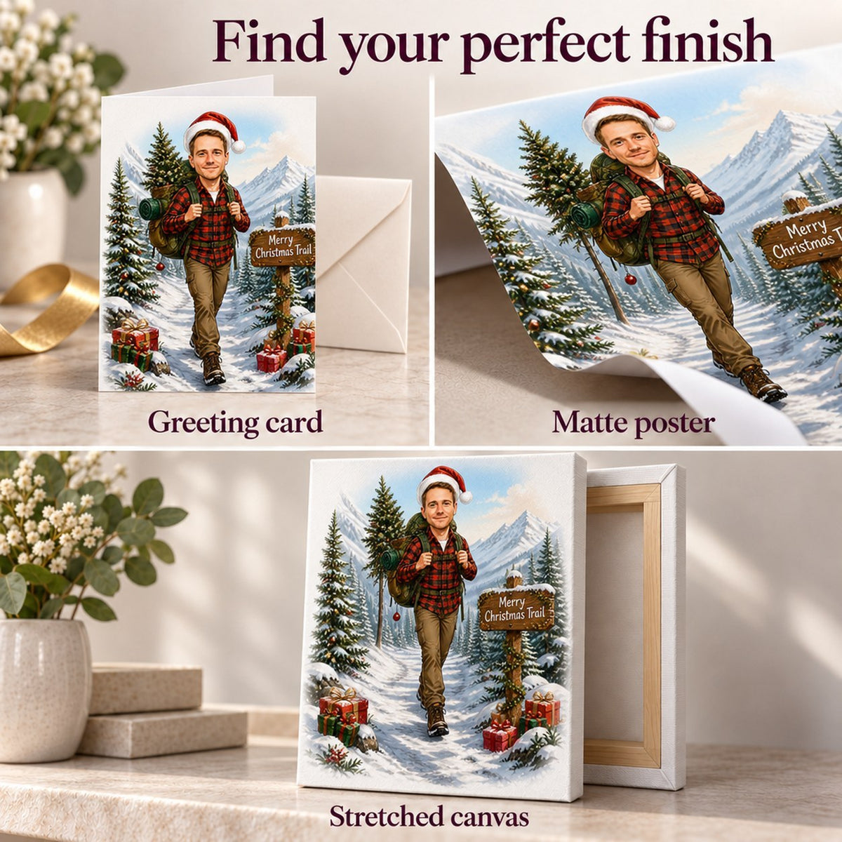 Matte poster, 5x7 greeting card with envelope, and ready-to-hang stretched canvas print.