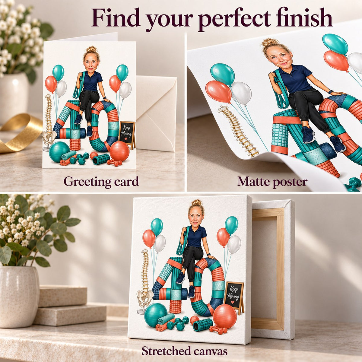 Matte poster, 5x7 inch card with envelope, and ready-to-hang stretched canvas closeup.