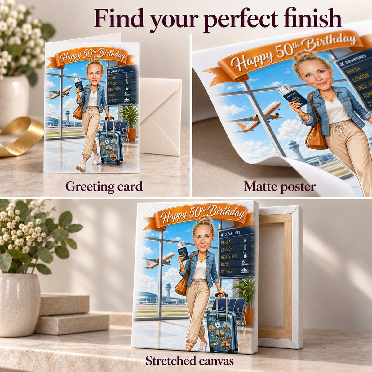 Greeting card, matte poster, stretched canvas, and downloadable digital file options shown.