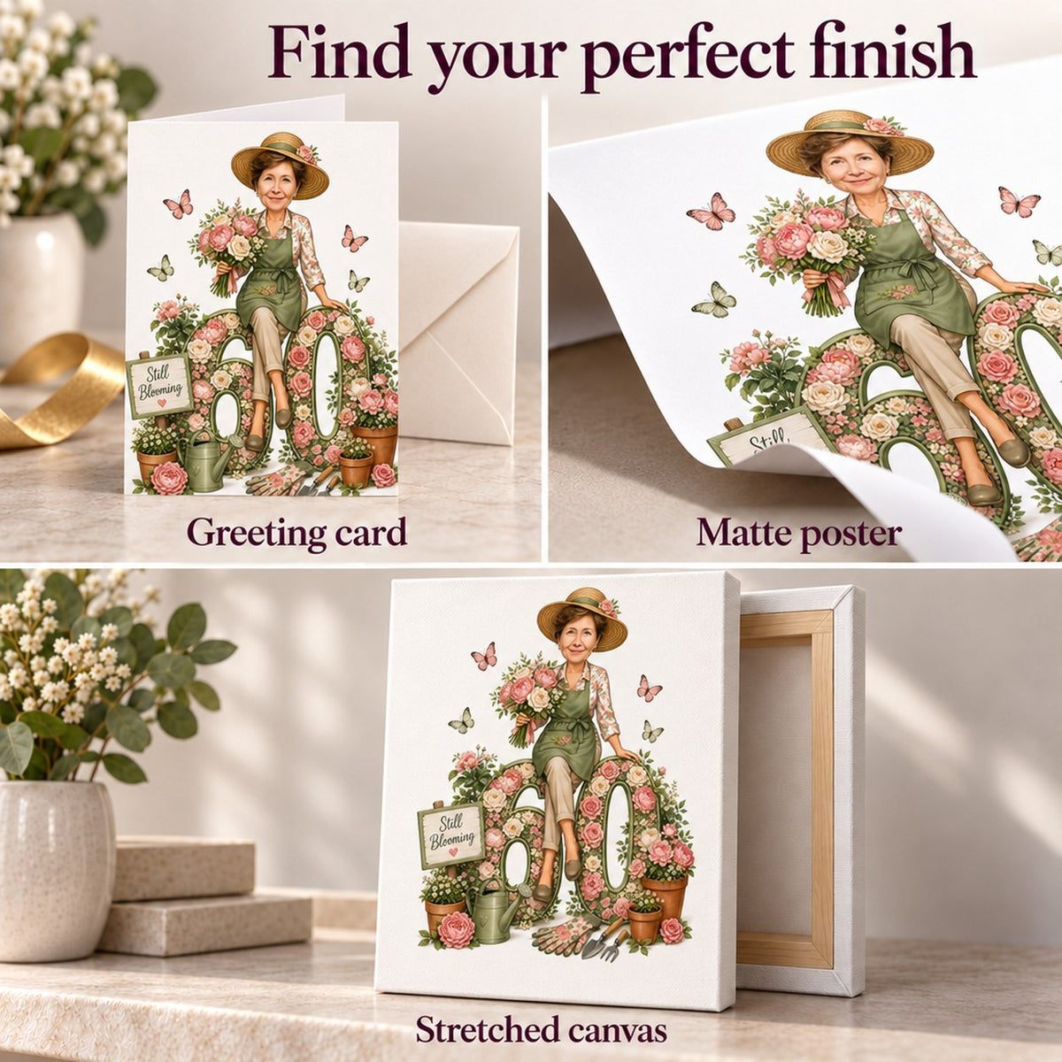 Matte poster, 5x7 greeting card with envelope, and stretched canvas finish.
