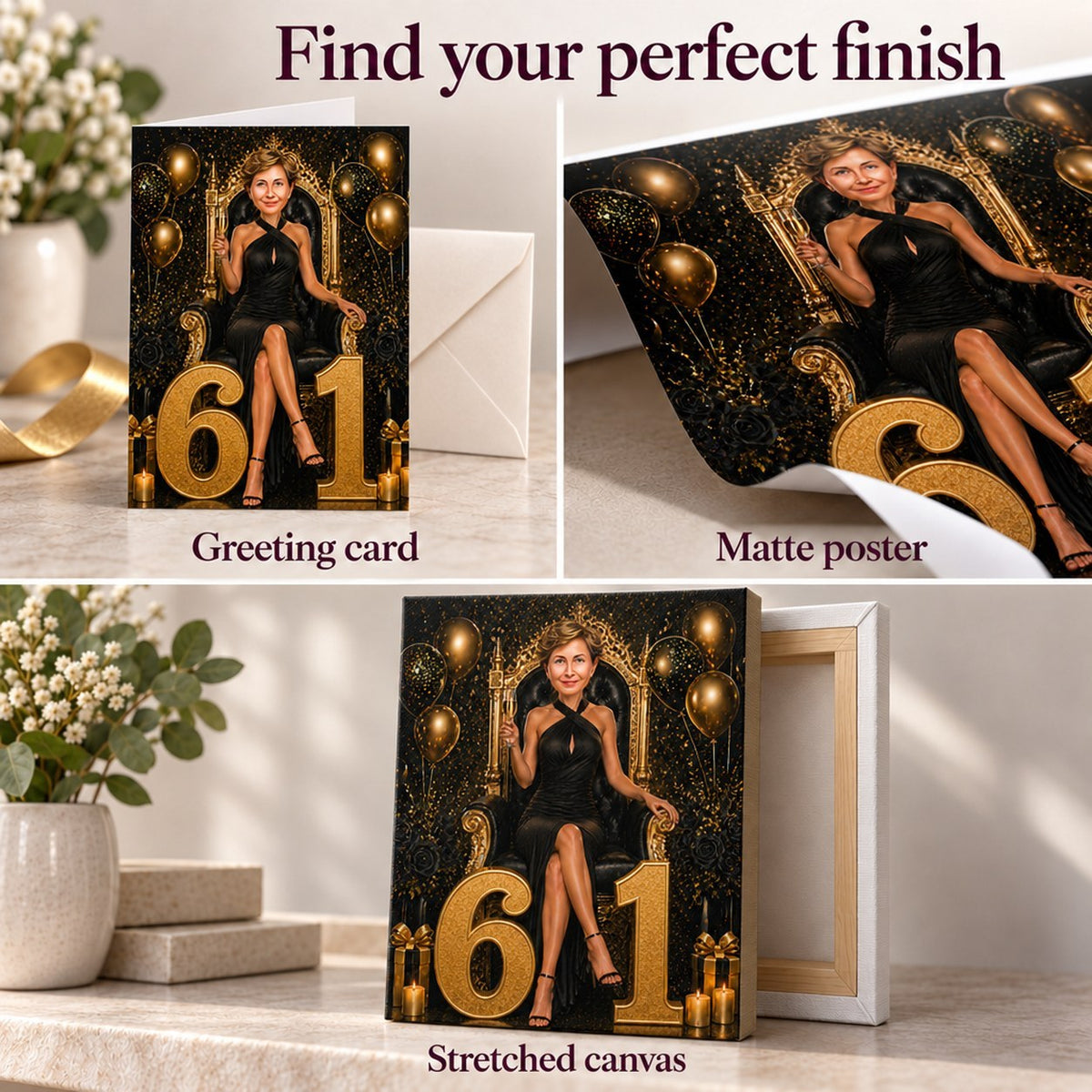 Closeups of 5x7 greeting card, matte poster, and stretched canvas textures.