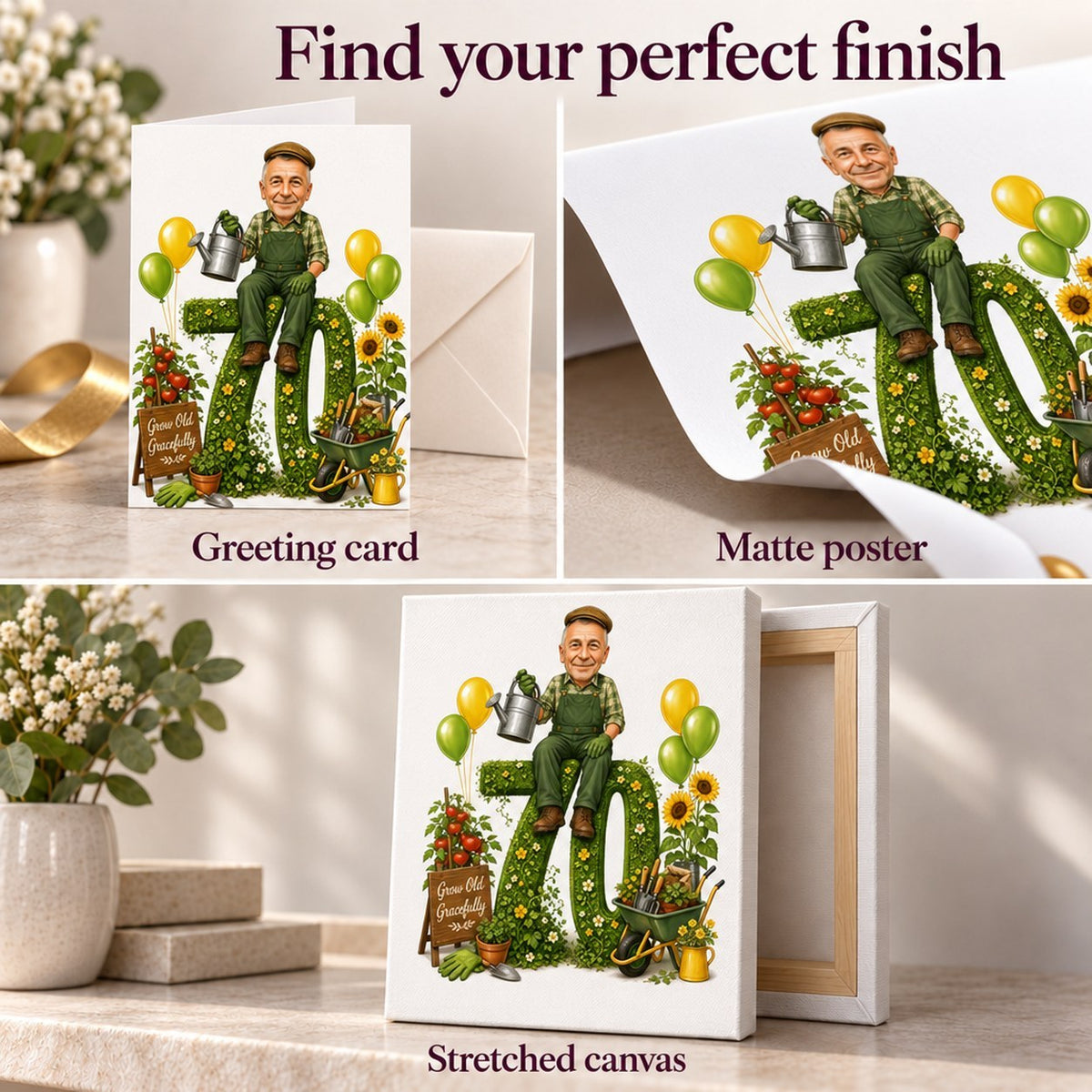 Matte poster, 5x7 card with envelope, and ready-to-hang stretched canvas finish options.