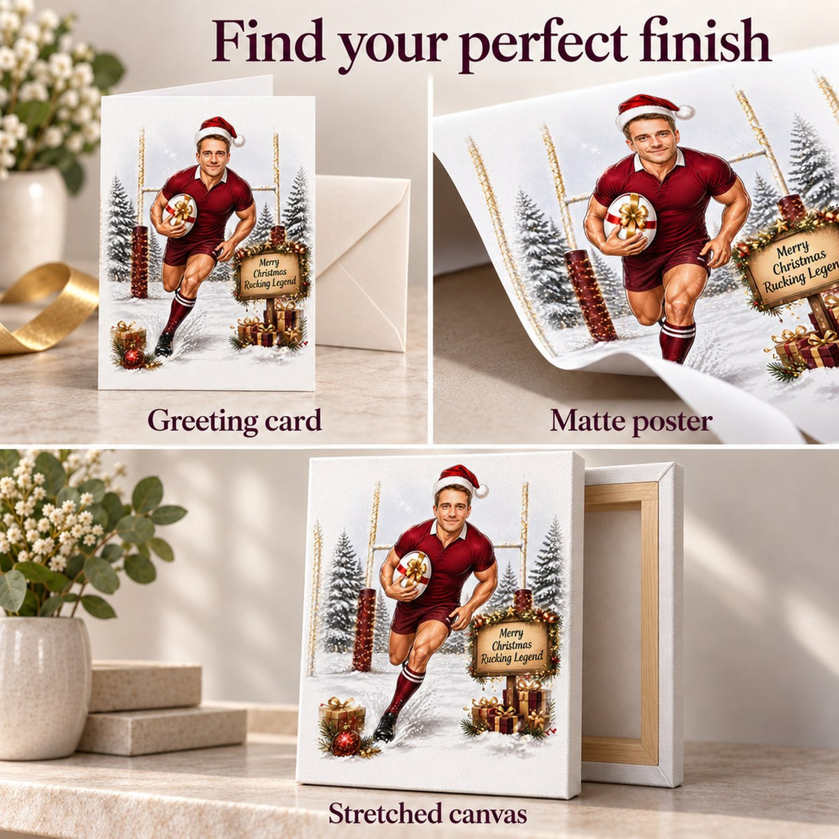 Closeups of greeting card, matte poster, and stretched canvas print textures
