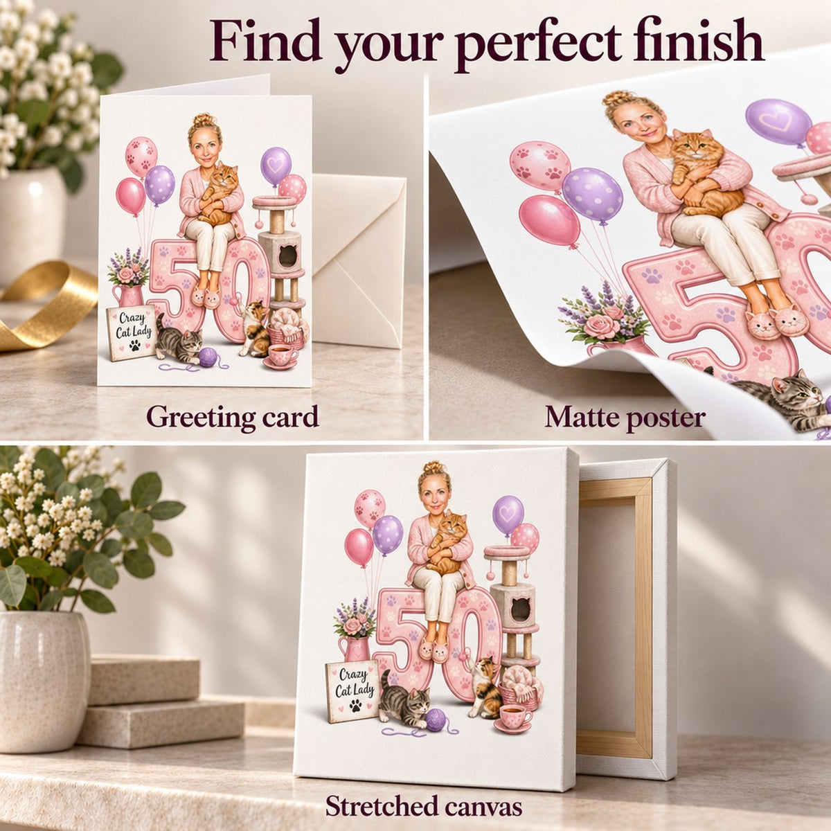 Closeups of matte poster, 5x7 greeting card, and stretched canvas textures and edges.
