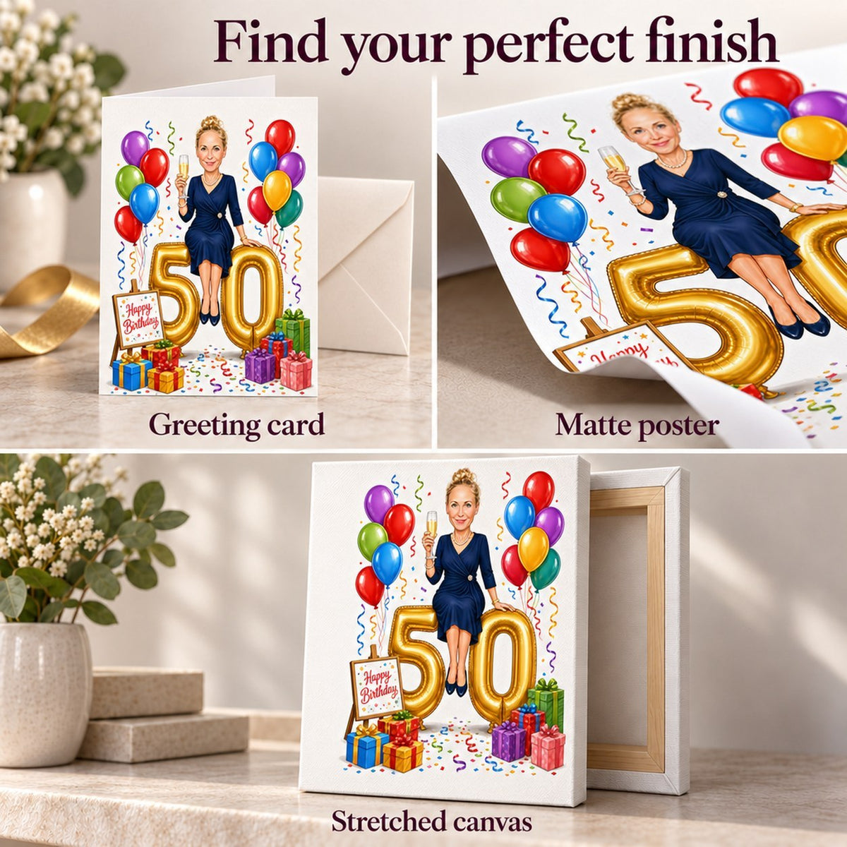 Close-up of matte poster, stretched canvas texture, and 5x7 greeting card with envelope