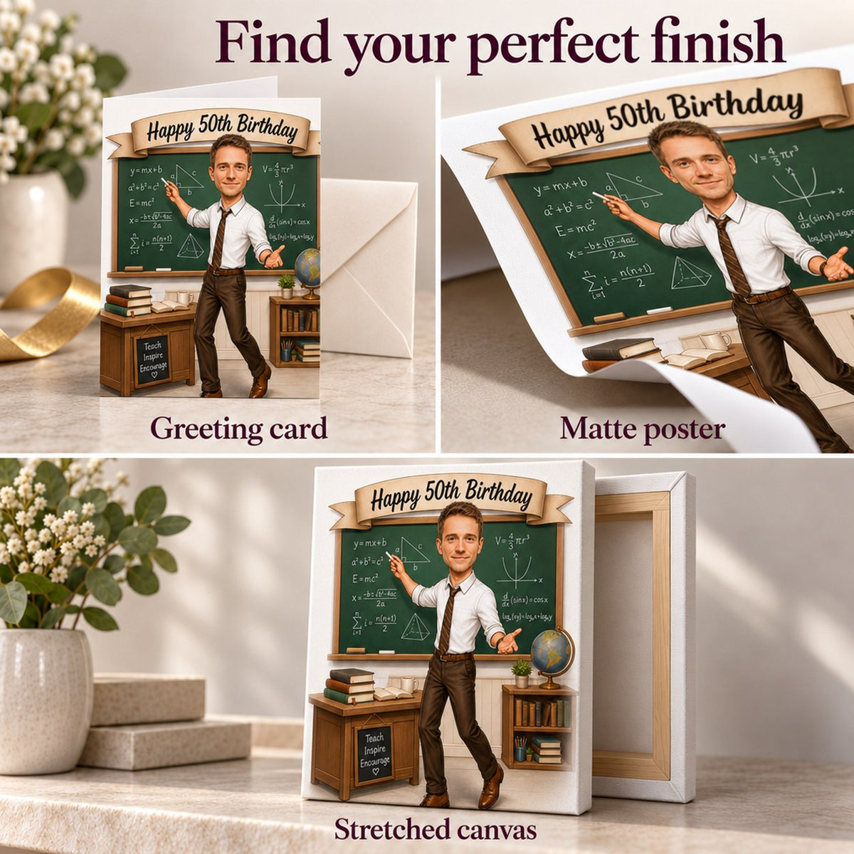 Matte poster, stretched canvas, and 5x7 greeting card finish close-ups