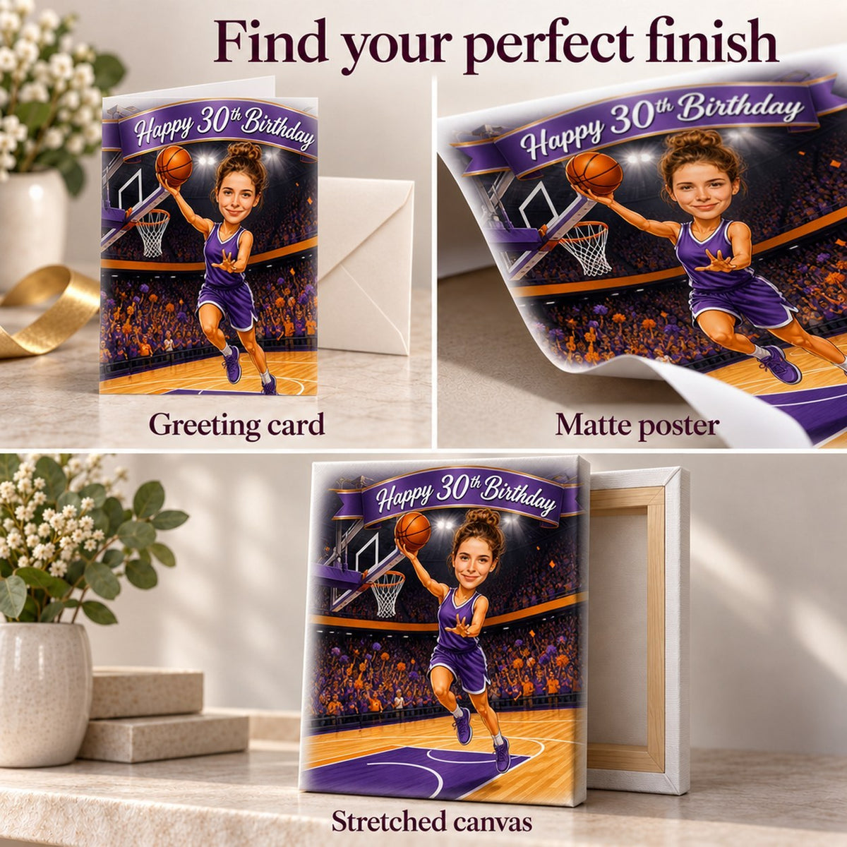 Closeups of greeting card, matte poster print, and stretched canvas edges
