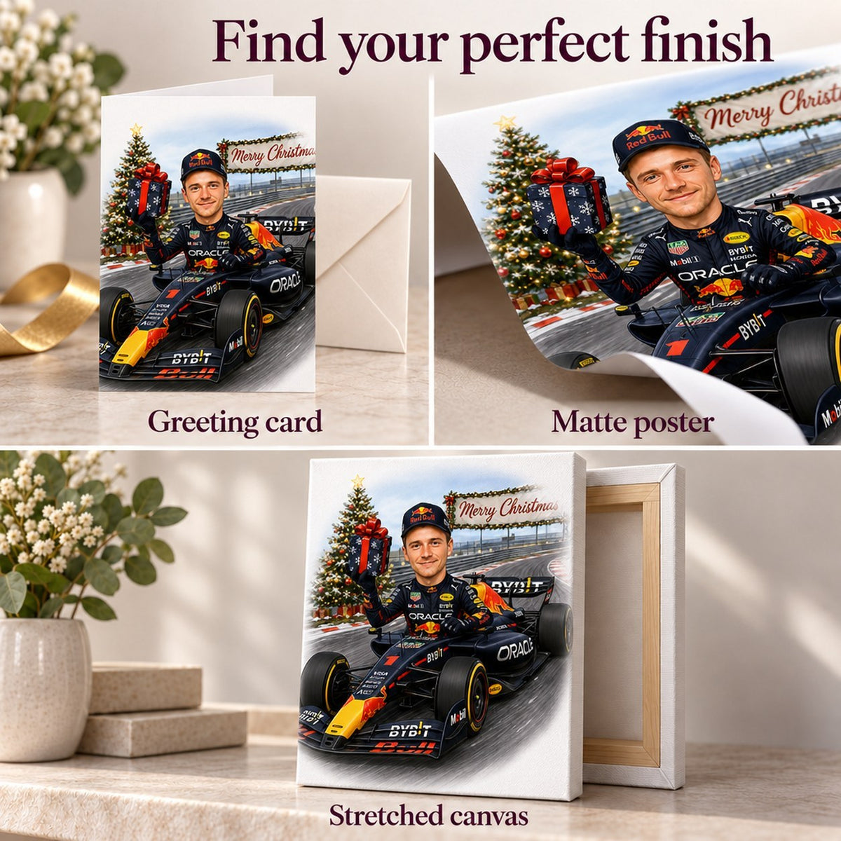 Close-ups of card, matte poster, and stretched canvas finishes of the racing Christmas design.