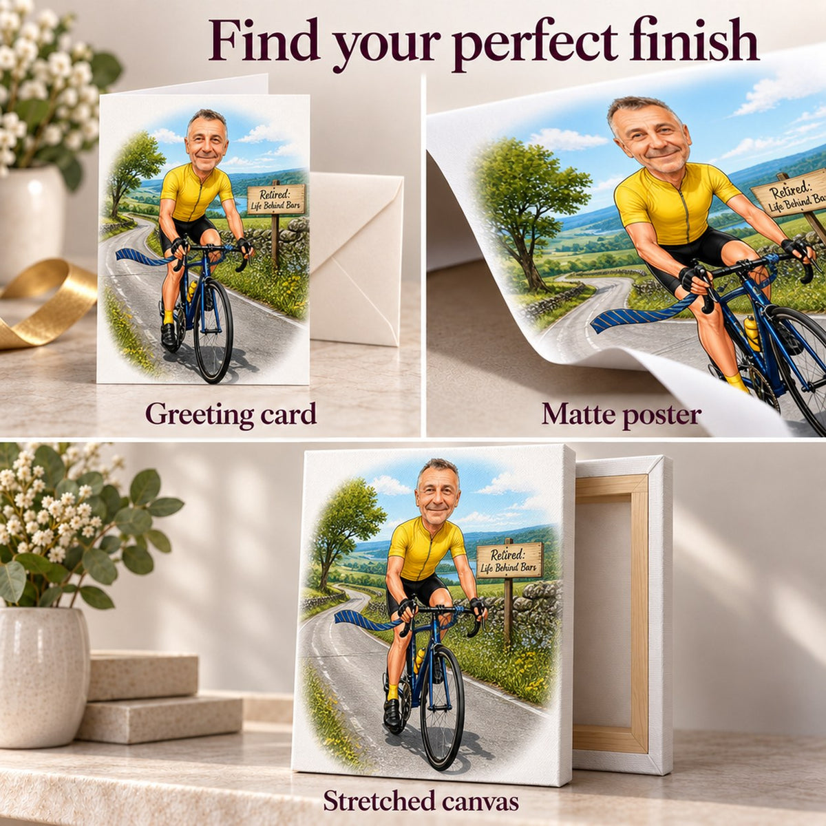 Close-up of matte poster, stretched canvas texture, and folded greeting card finishes.