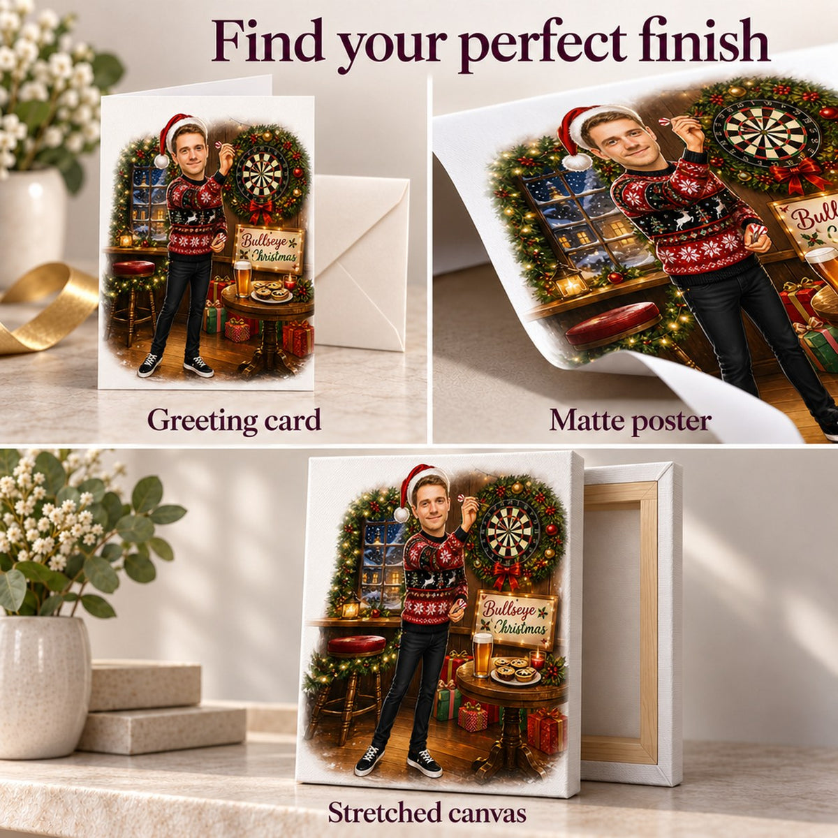 Close-up of greeting card, matte poster, and stretched canvas print finish options for the caricature.